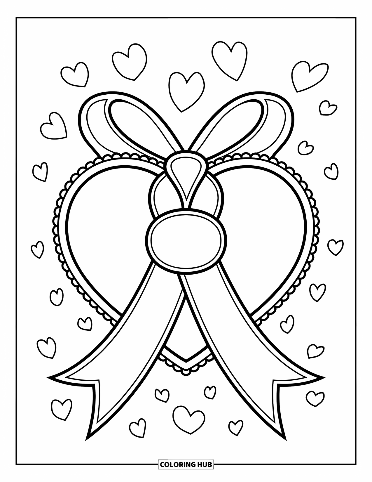 Herz Ausmalbild für Kinder: Ein Herz, das mit einer Bandschleife umwickelt und von schwebenden Herzen umgeben ist