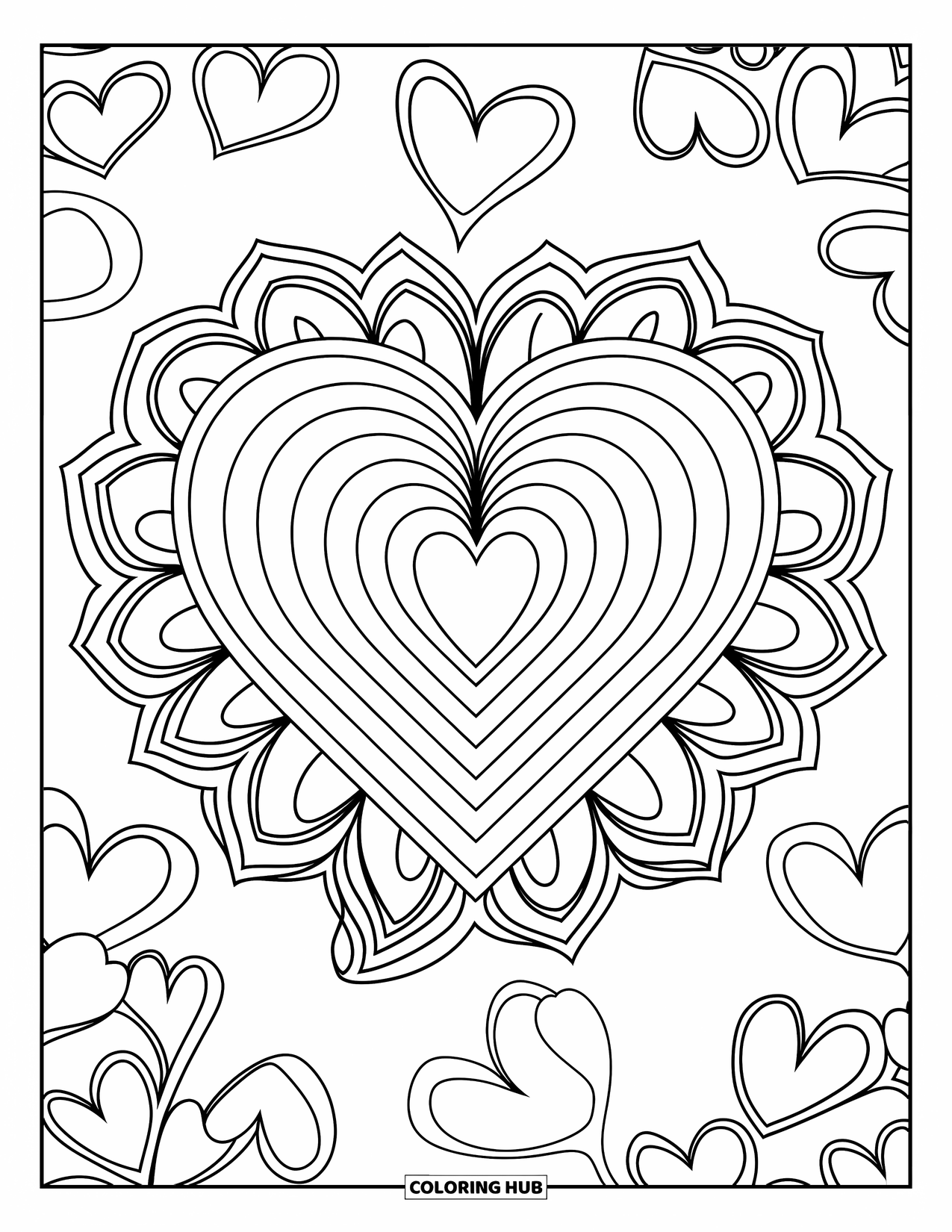 Herz Ausmalbild für Kinder: Ein geschichtetes Herz-Mandala wirbelt mit floralen Akzenten und kleineren Herzen