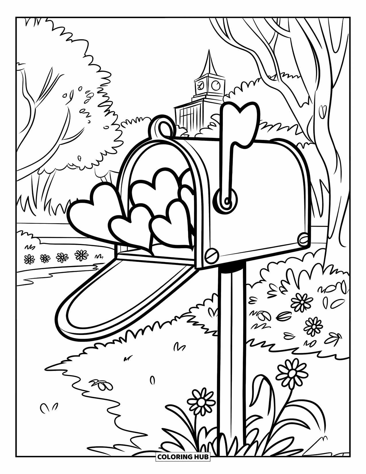 Herz Ausmalbild für Kinder: Ein Briefkasten, der von Blumen und Bäumen umgeben ist, steht in der Nähe eines Gebäudes mit einem Glockenturm