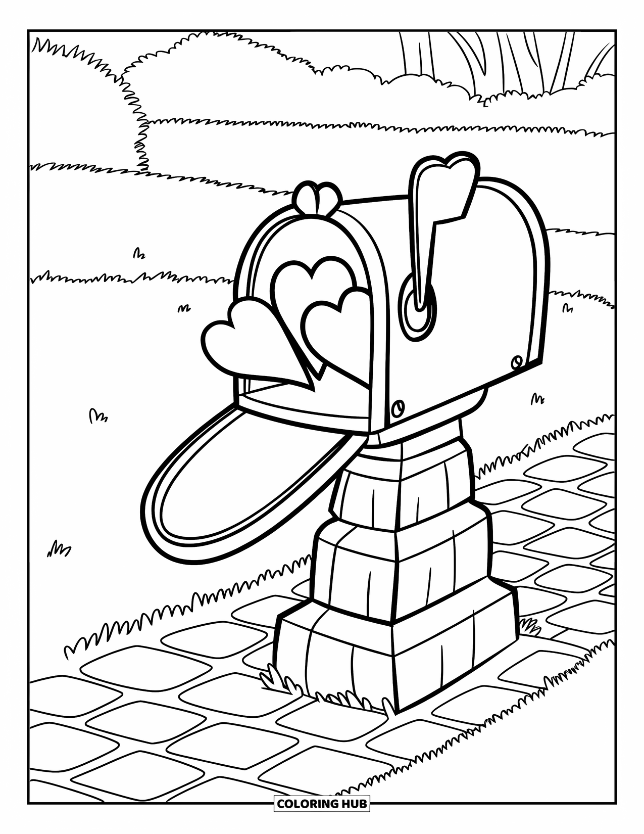 Herz Ausmalbild für Kinder: Ein Briefkasten, aus dem Herzen herausspringen, steht auf einem Steinsockel neben einem Kopfsteinpflasterweg