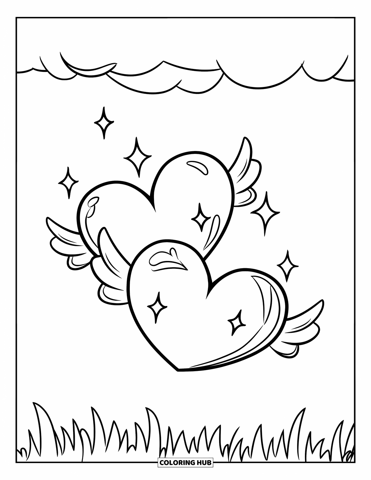 Herz Ausmalbild für Kinder: Ein Paar geflügelte Herzen funkelt in der Luft zwischen einer Wolke und grasbewachsenem Boden
