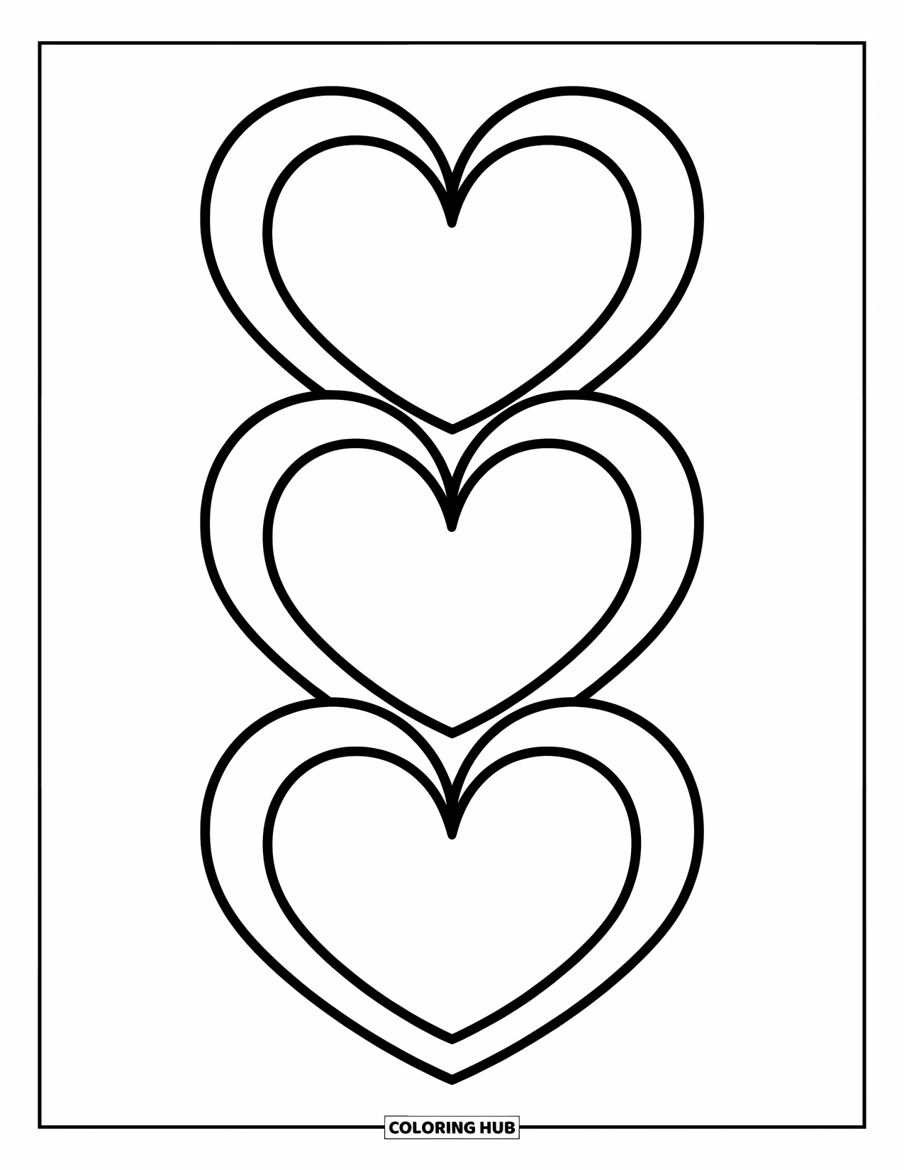 Herz Ausmalbild für Kinder: Ein verspielter Stapel aus drei Herzen mit klaren Linien und viel Platz zum Ausmalen