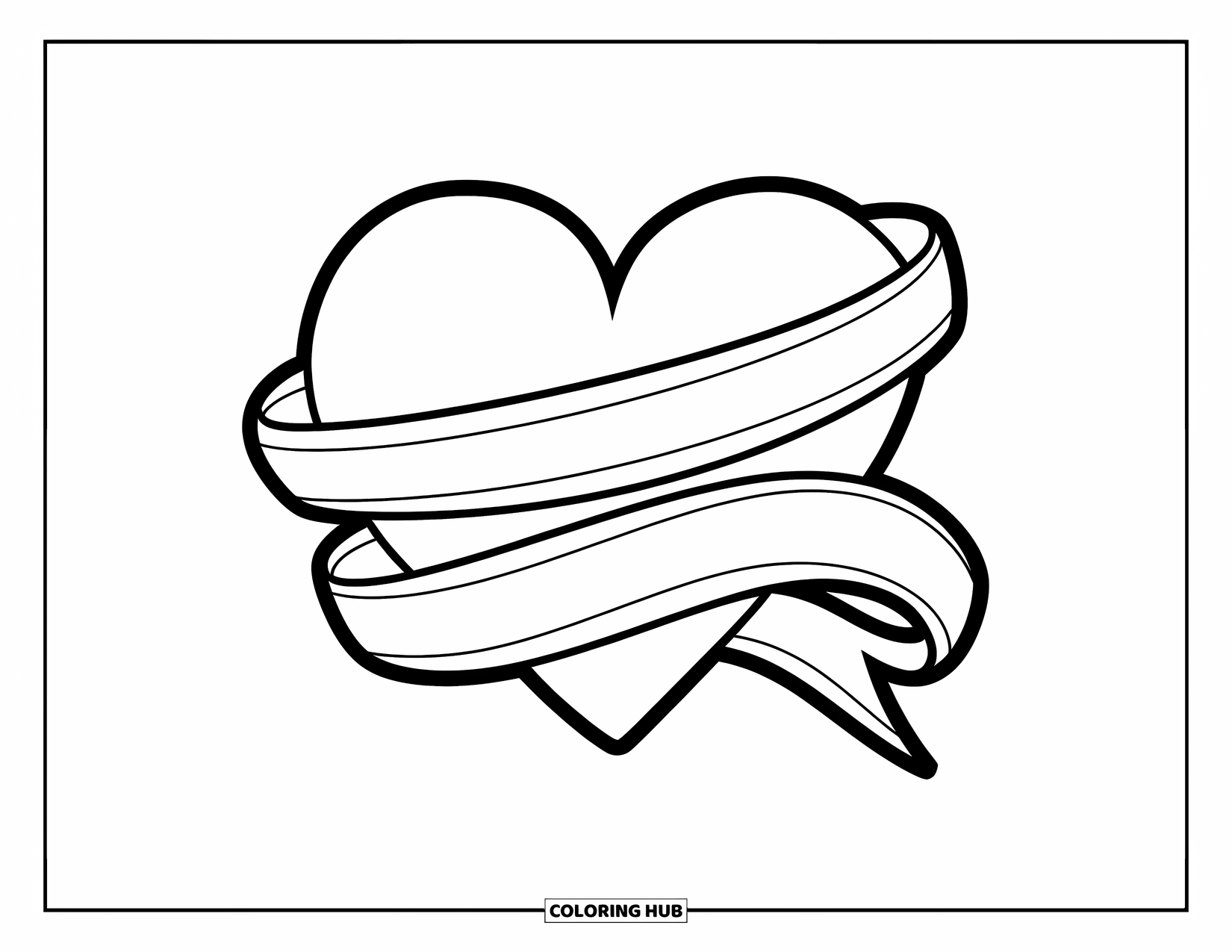 Herz Ausmalbild für Kinder: Ein Band windet sich sanft um ein Herz mit kräftigen, klaren Linien