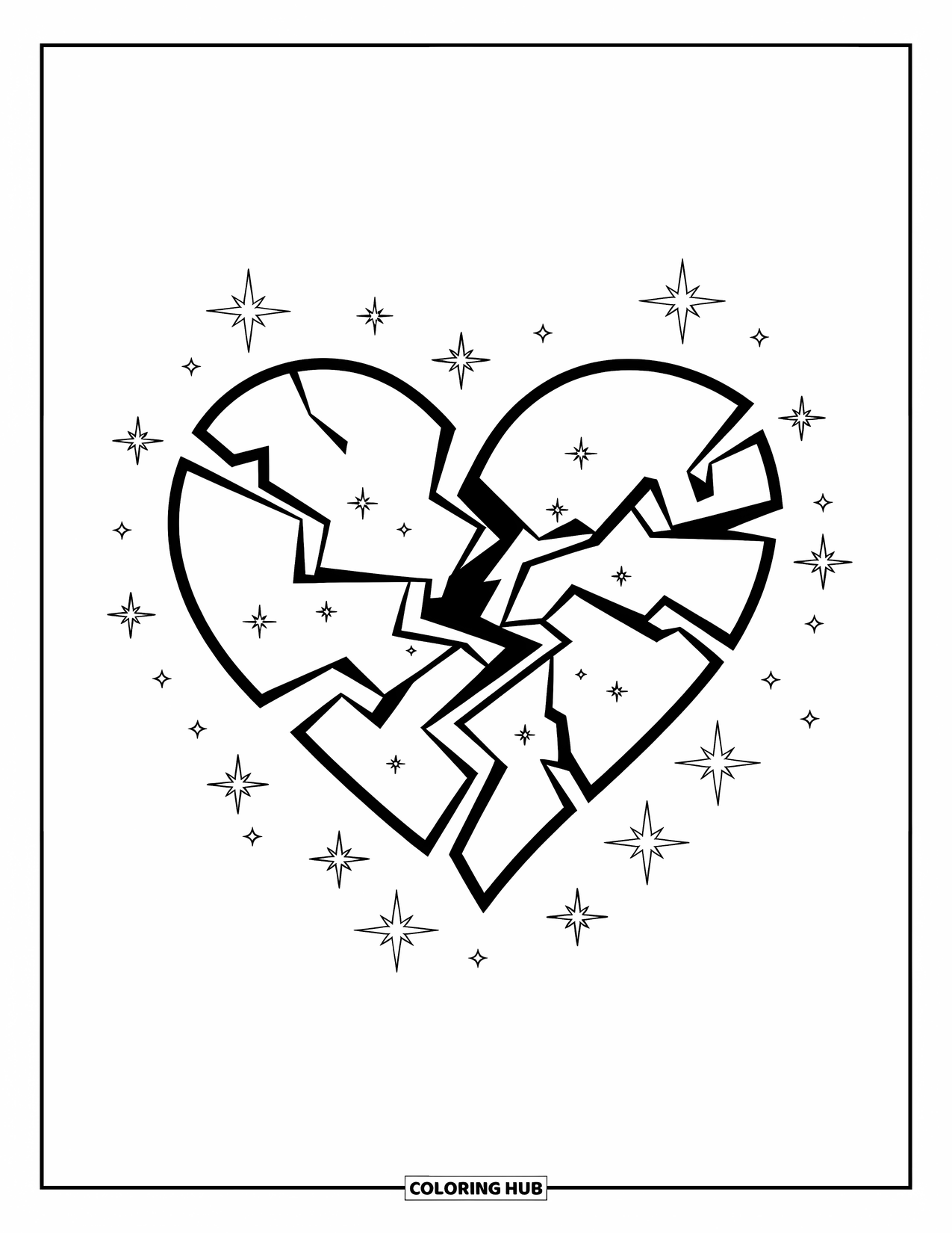 Herz Ausmalbild für Kinder: Ein zerbrochenes Herz platzt mit dekorativen Rissen und leuchtenden Sternen
