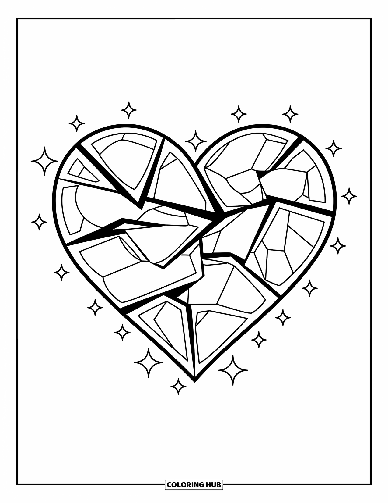 Herz Ausmalbild für Kinder: Ein zerbrochenes Herz ist mit Rissen gefüllt und von winzigen Sternen umgeben