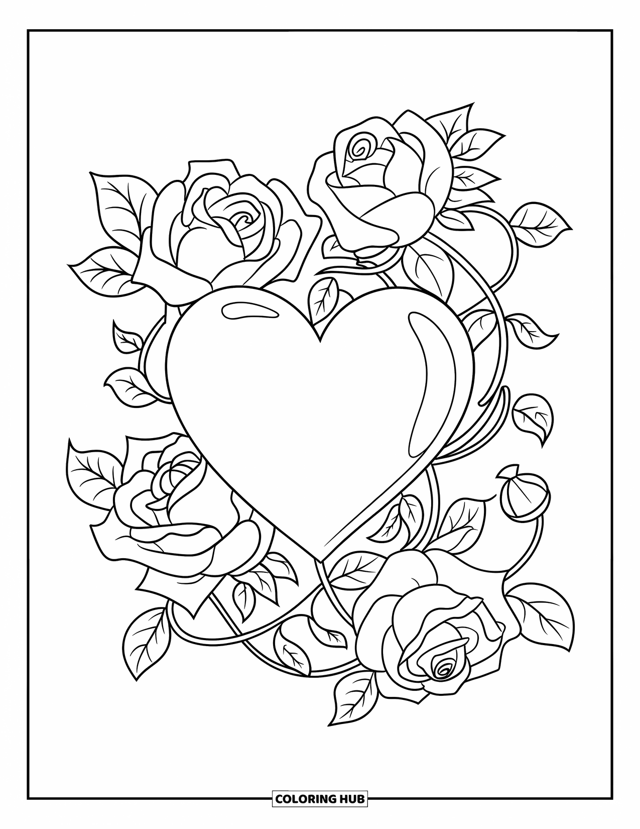 Herz Ausmalbild für Kinder: Ein einfaches Herz sitzt inmitten von Rosen und Ranken mit klaren, kräftigen Umrissen