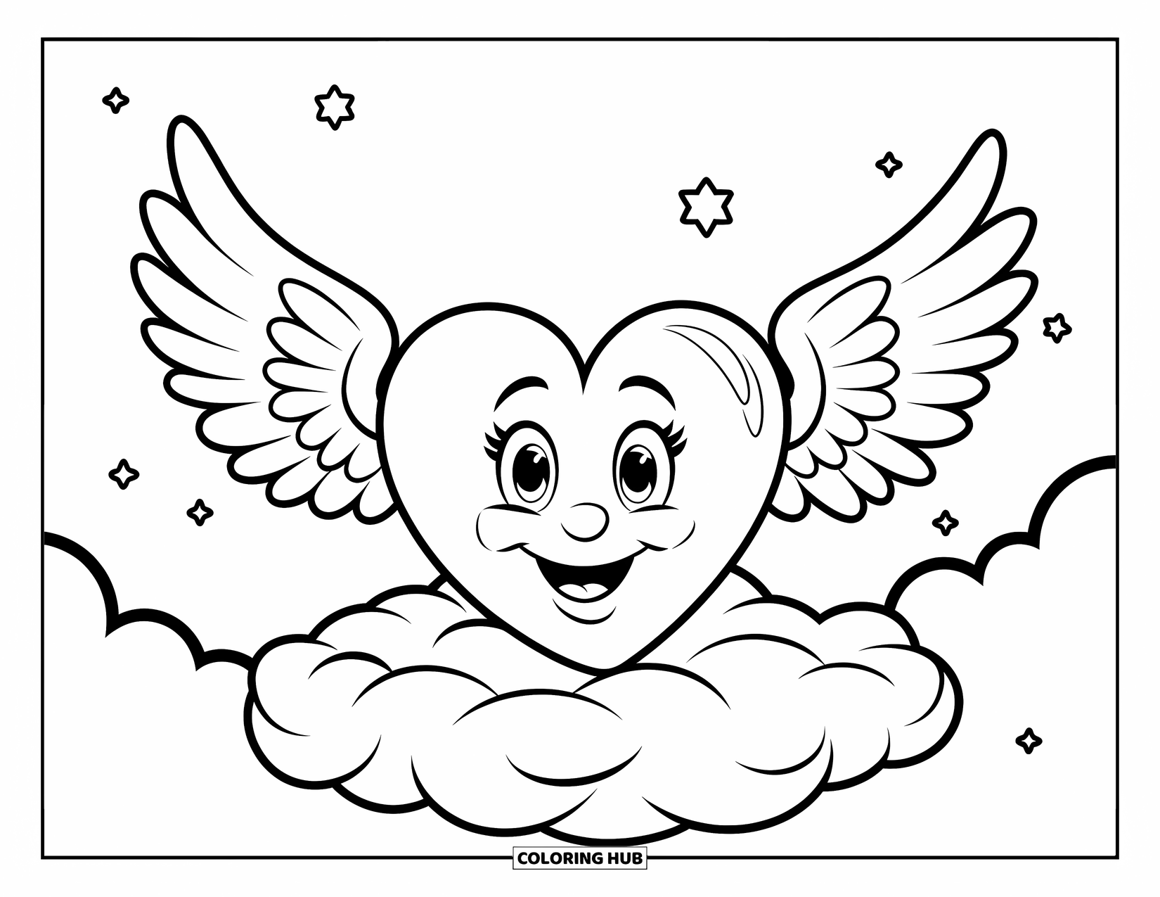 Herz Ausmalbild für Kinder: Ein lächelndes Herz mit Flügeln sitzt auf einer Wolke in einem Sternenhimmel