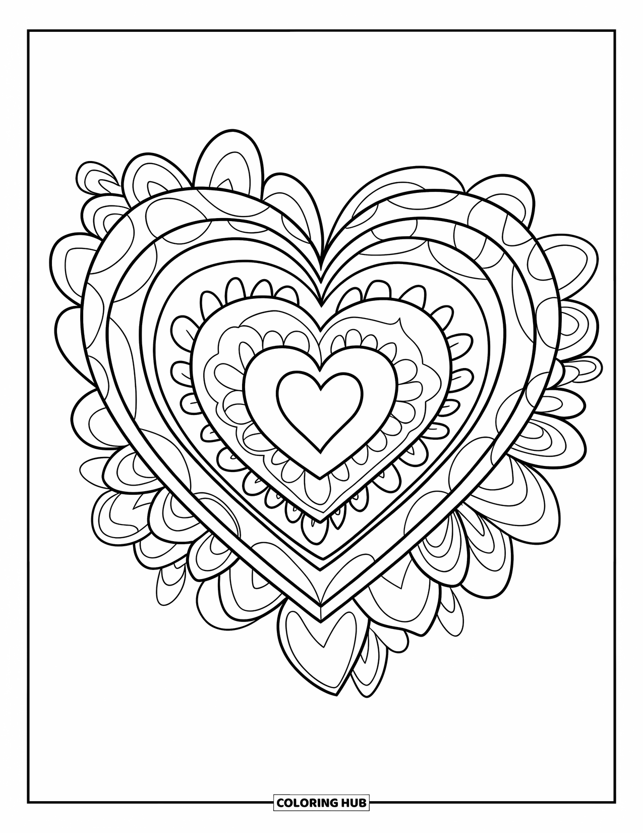 Herz Ausmalbild für Kinder: Ein wirbelndes Mandala aus Herzen und Blumen schafft ein verträumtes Design