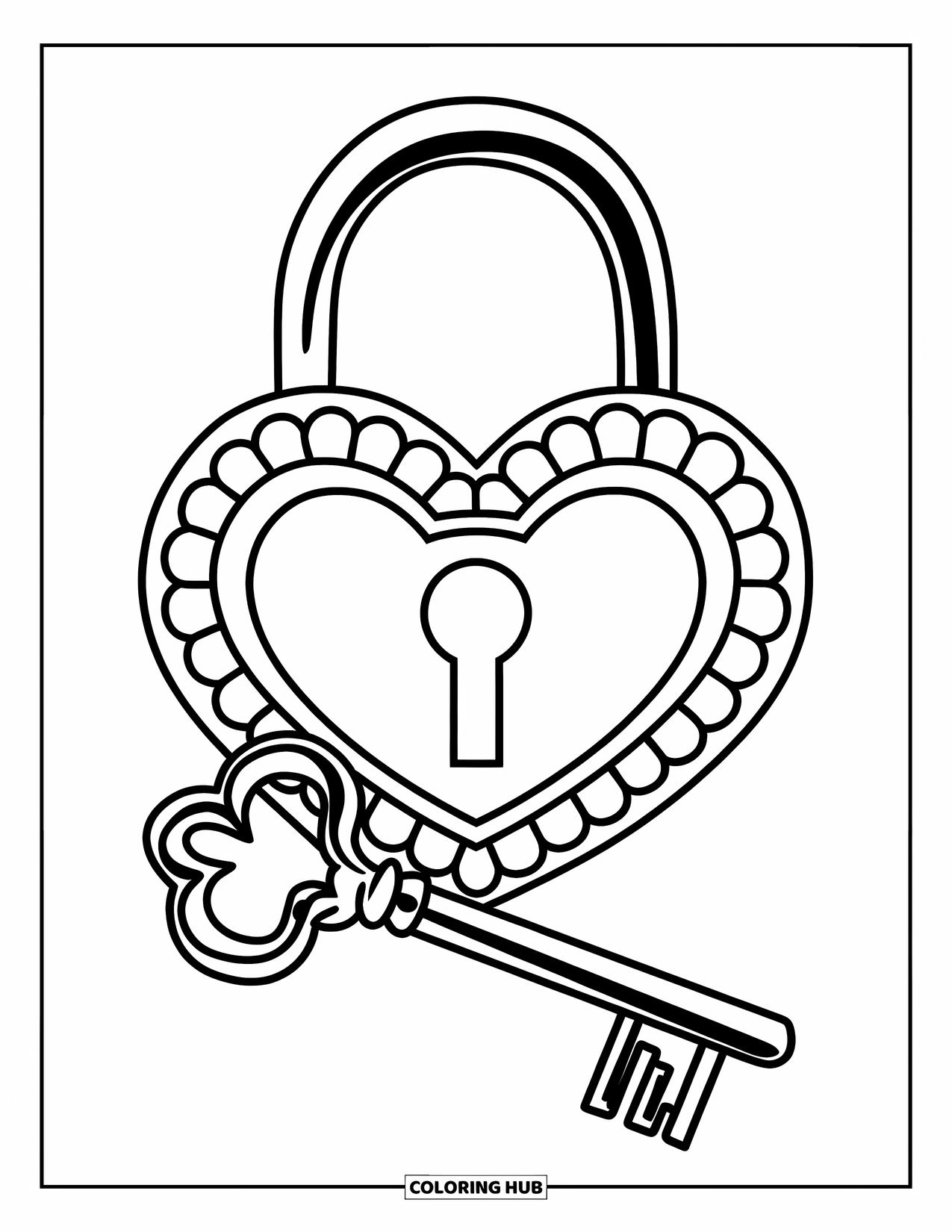 Herz Ausmalbild für Kinder: Ein verziertes Herzschloss und ein Schlüsselpaar ruhen mit klaren, kräftigen Linien und winzigen Akzenten
