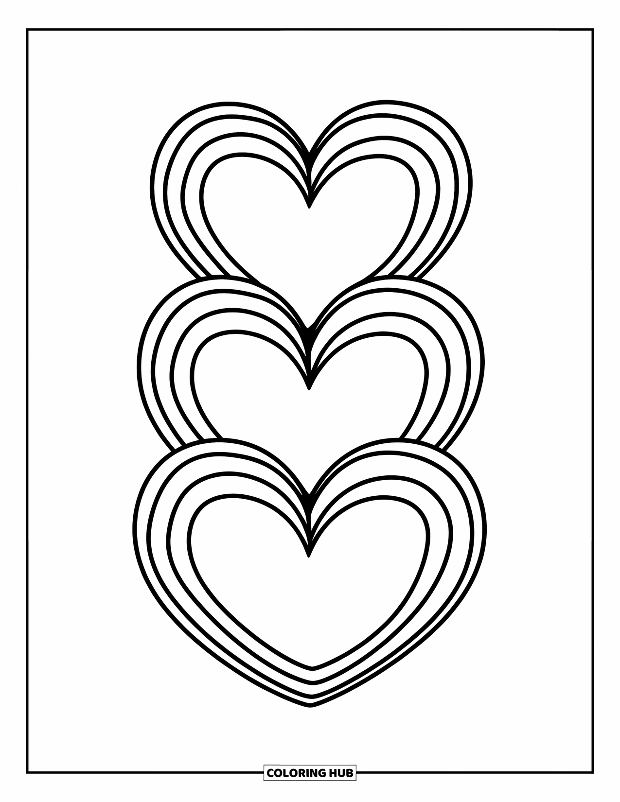 Herz Ausmalbild für Kinder: Drei kräftige, saubere Herzen, die in einer Reihe gestapelt sind, entworfen für Vorschulspaß