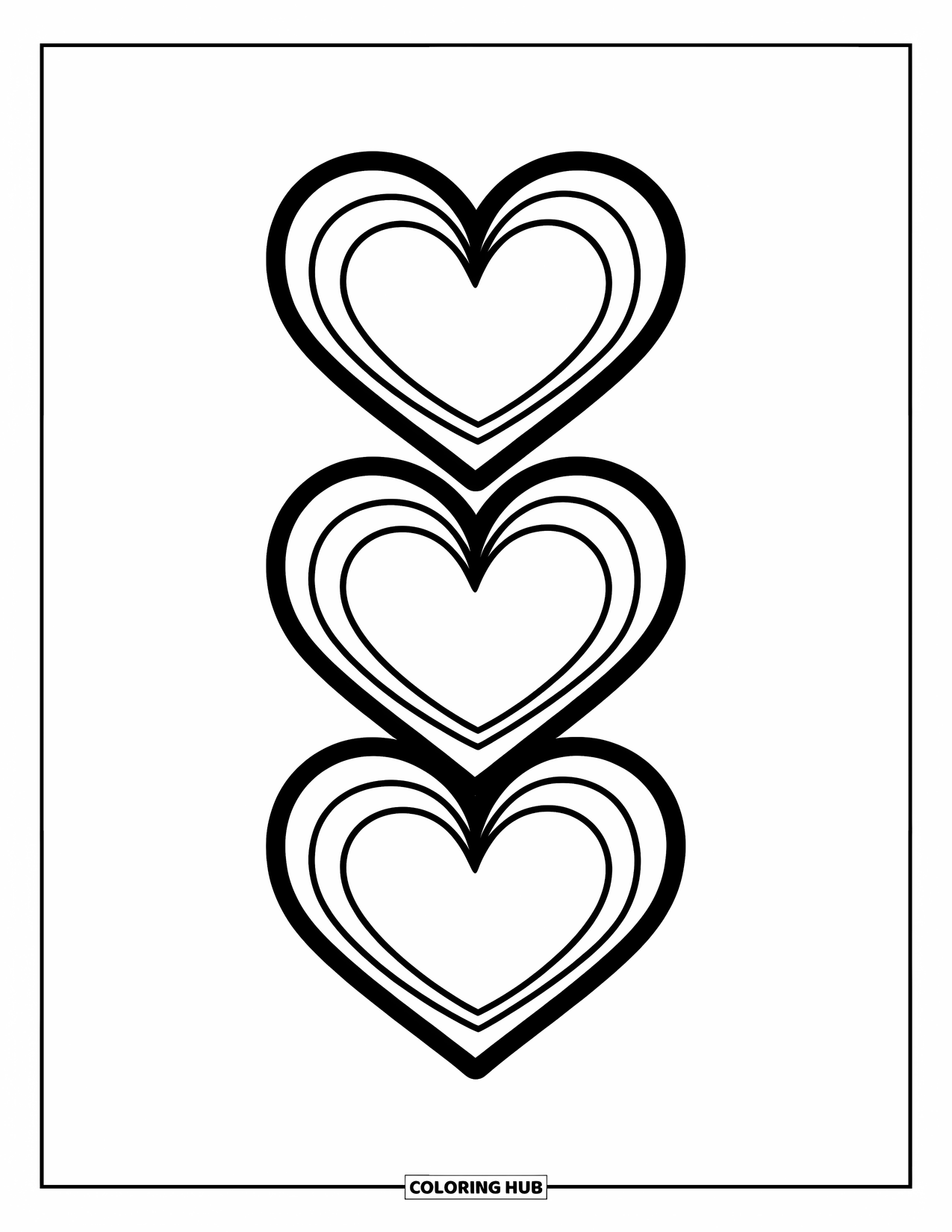 Herz Ausmalbild für Kinder: Drei kräftige Herzen, die vertikal mit großen, einfachen Flächen zum Ausmalen gestapelt sind