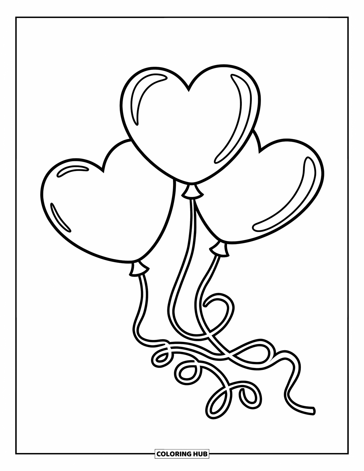 Herz Ausmalbild für Kinder: Drei Herzballons mit lockigen Schnüren, die in klaren, kräftigen Umrissen gezeichnet sind