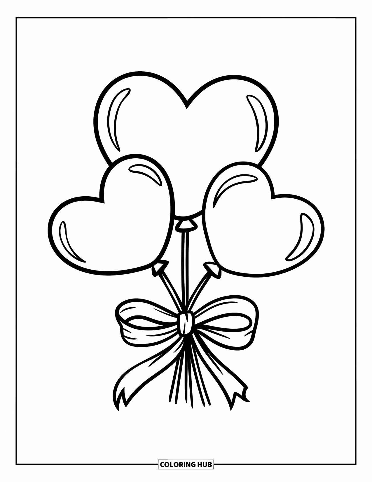 Herz Ausmalbild für Kinder: Drei herzförmige Ballons, die mit einer Schleife zusammengebunden sind, schweben vor einem weißen Hintergrund