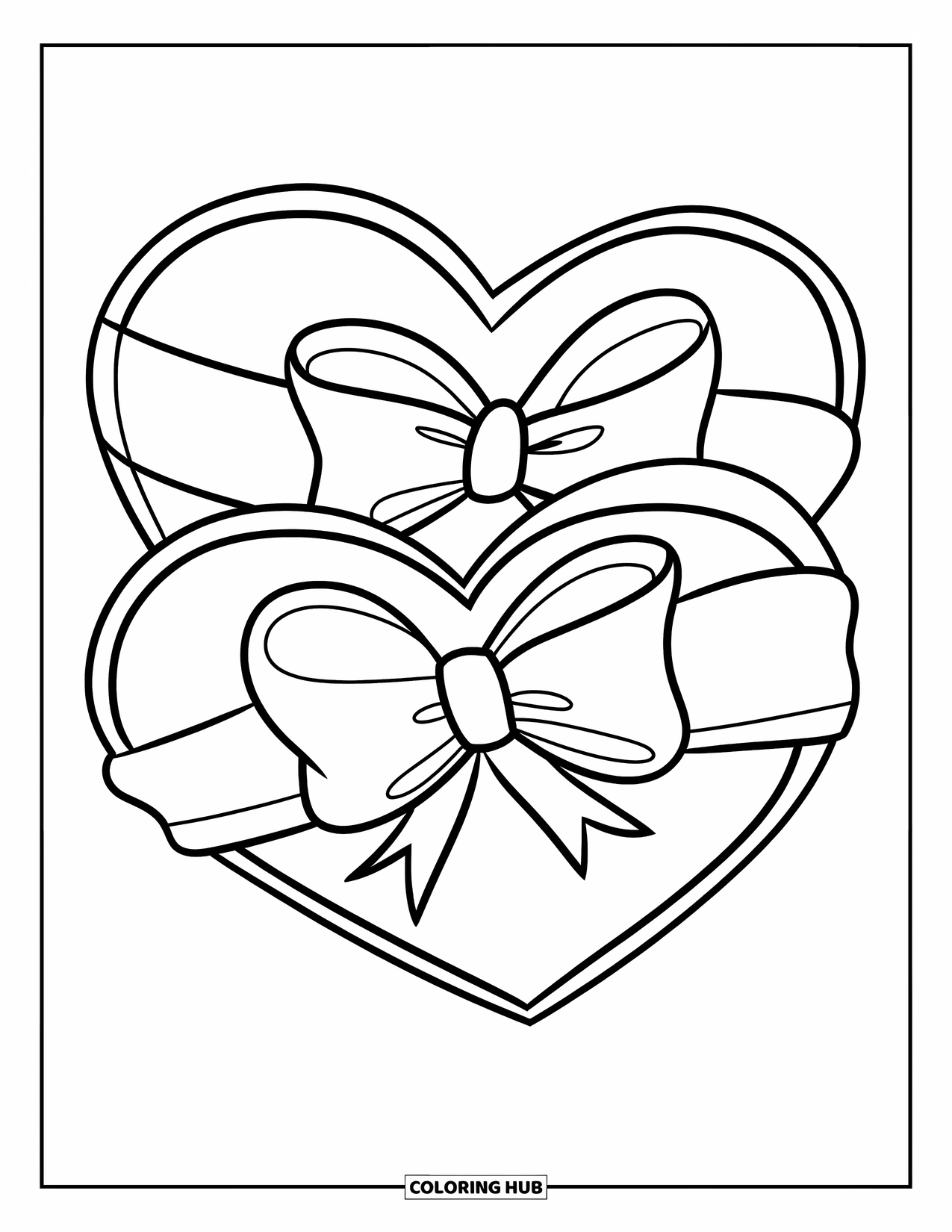 Herz Ausmalbild für Kinder: Zwei klar umrissene Herzen, die mit einer Schleife in der Mitte verbunden sind, keine zusätzlichen Elemente