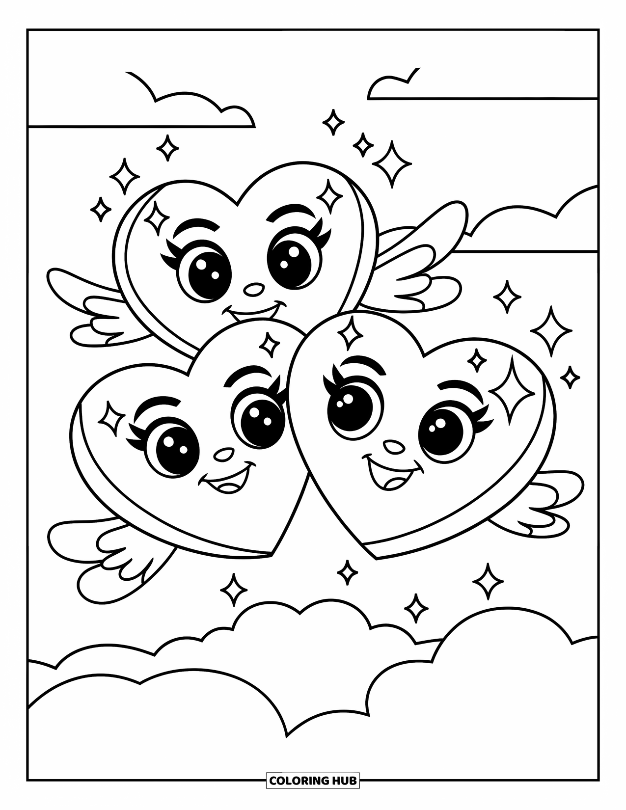 Herz Ausmalbild für Kinder: Zwei schwebende Herzen mit kleinen Flügeln funkeln am Himmel mit Wolken in der Nähe
