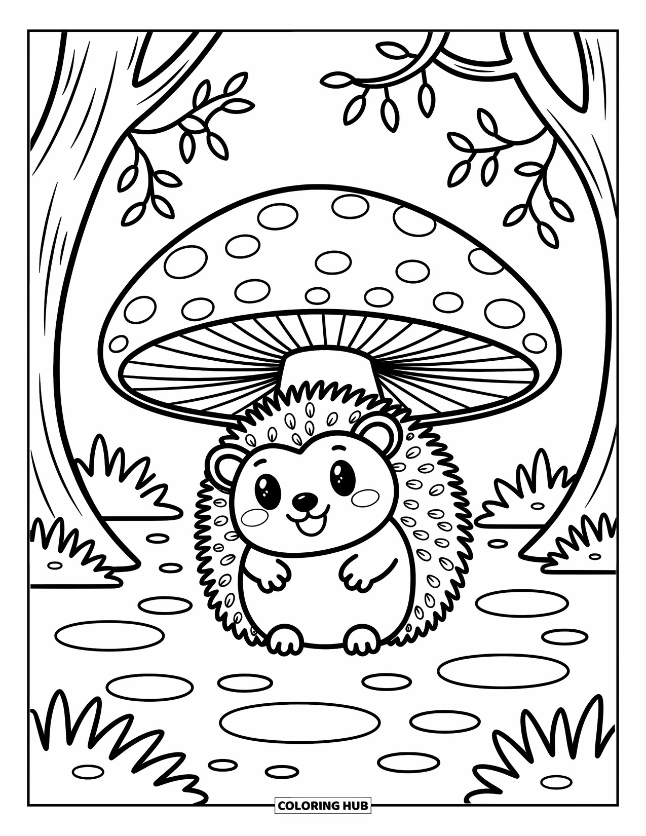 Hedgehog Coloring Page for Adults: A cheerful hedgehog peeks from under a toadstool in a forest full of puddles