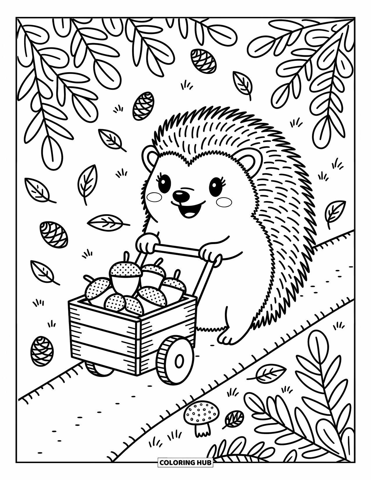 Hedgehog Coloring Page for Adults: A cheerful hedgehog pushes a tiny cart filled with berries and acorns