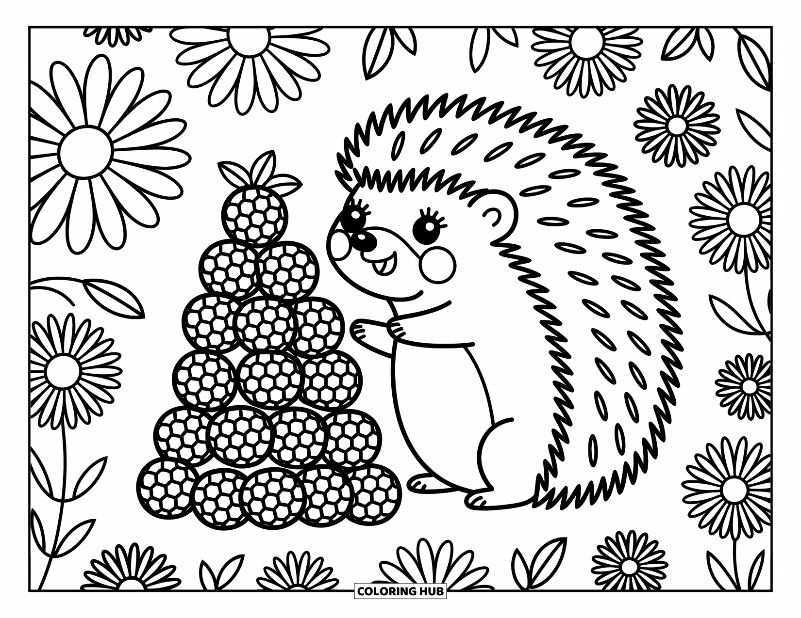 Hedgehog Coloring Page for Adults: A cheerful hedgehog stacks berries under the sun in a field of flowers