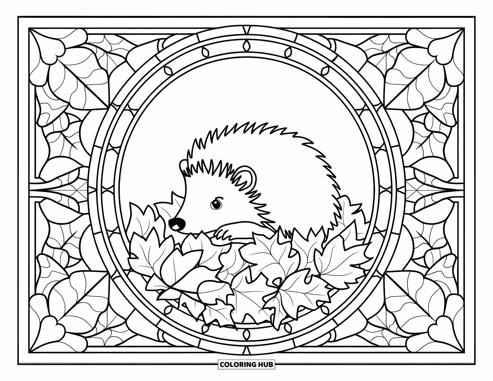 Hedgehog Coloring Page for Adults: A cozy hedgehog sleeps in leaves inside a stained glass circle with bold patterns
