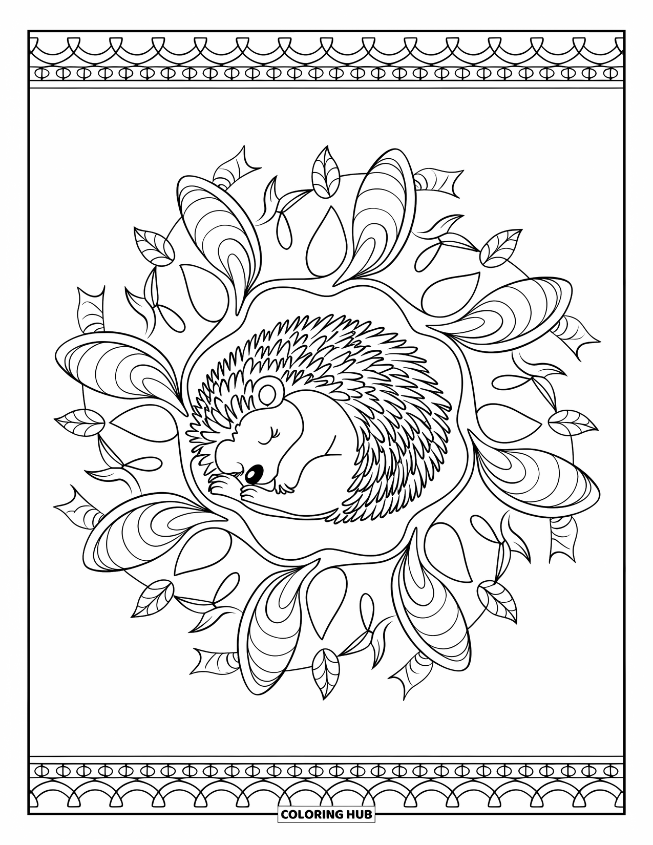 Hedgehog Coloring Page for Adults: A curled-up hedgehog rests inside a mandala of falling autumn leaves