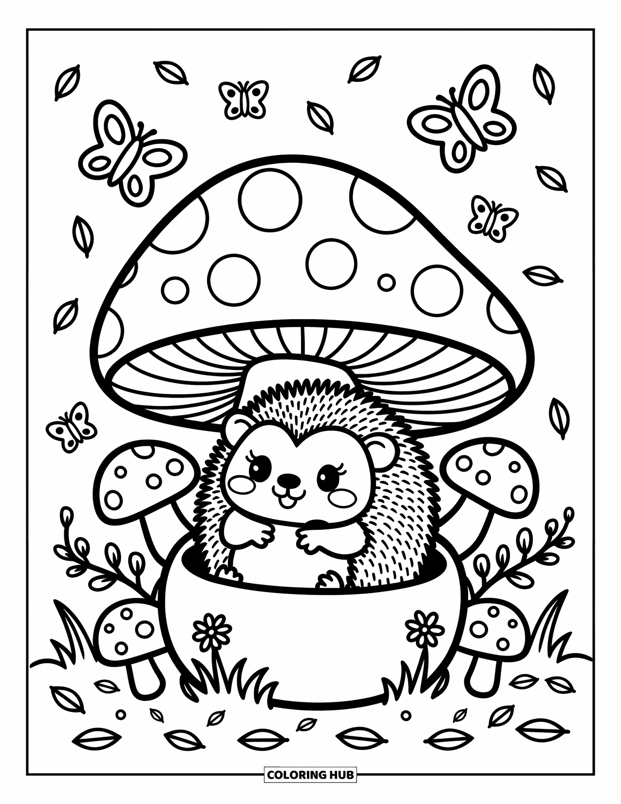 Hedgehog Coloring Page for Adults: A cute hedgehog rests inside a mushroom cap with butterflies fluttering above