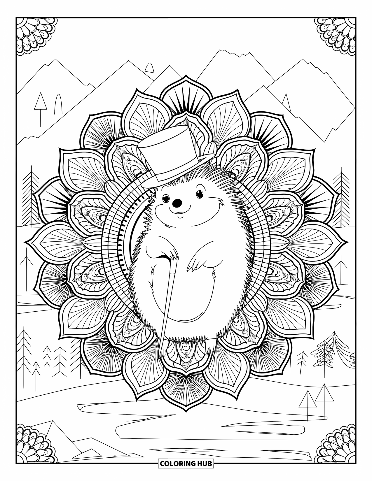 Hedgehog Coloring Page for Adults: A fancy hedgehog in a top hat is surrounded by floral mandala-style blooms