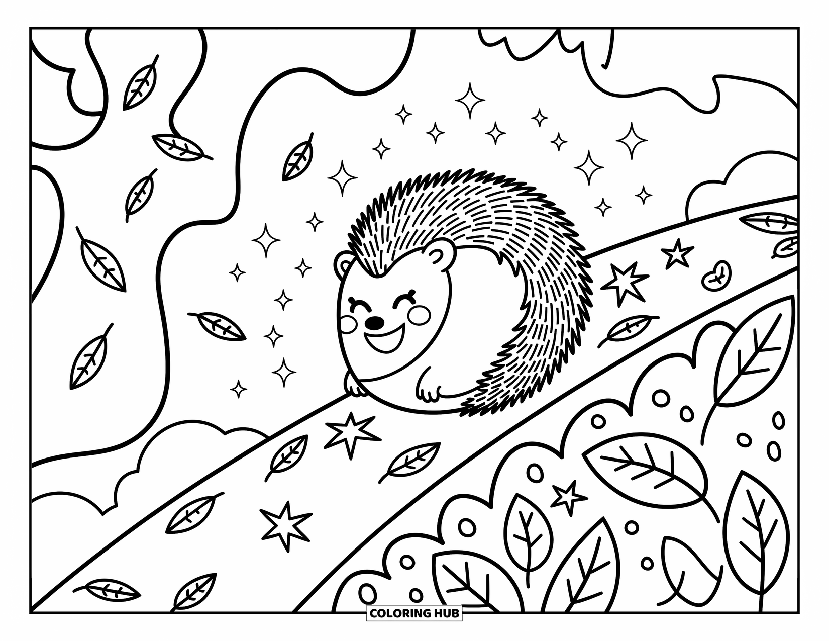 Hedgehog Coloring Page for Adults: A happy hedgehog spins down a leafy hill surrounded by stars and swirling wind