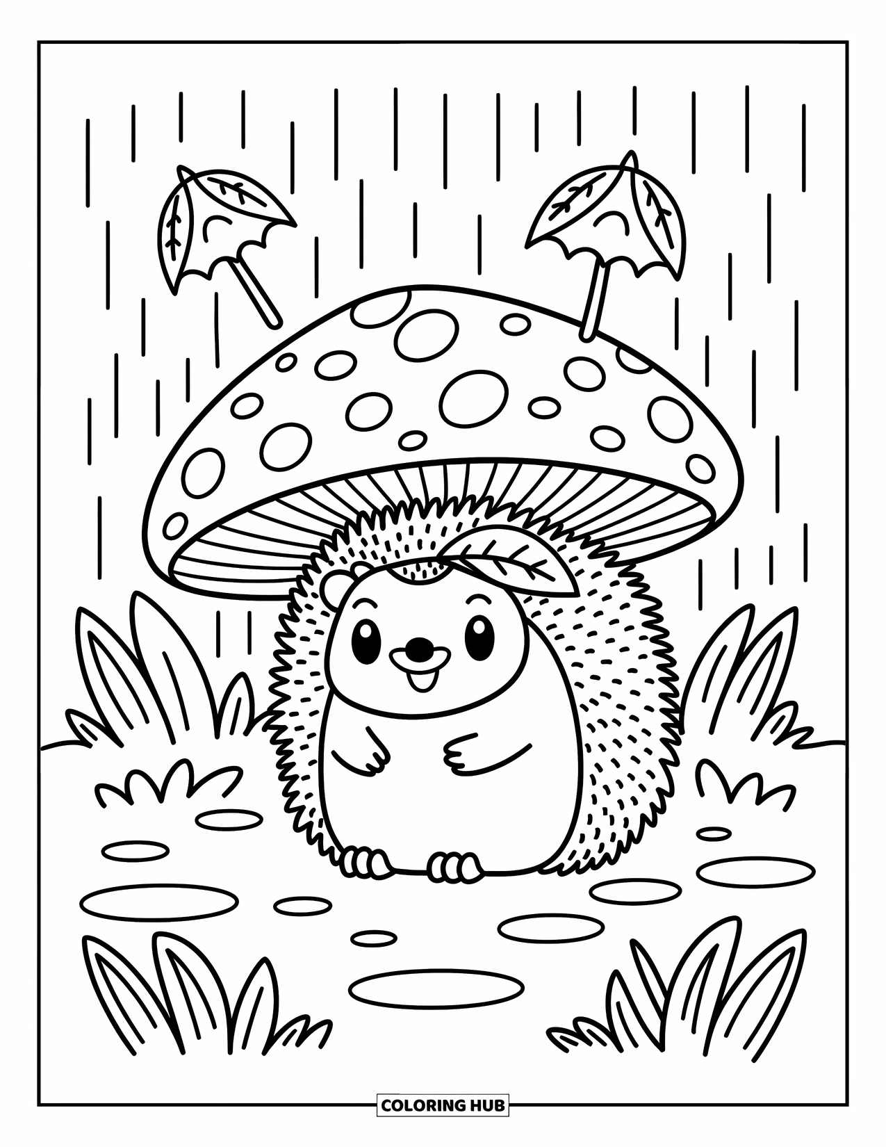 Hedgehog Coloring Page for Adults: A happy hedgehog takes cover under a giant toadstool during a gentle rain