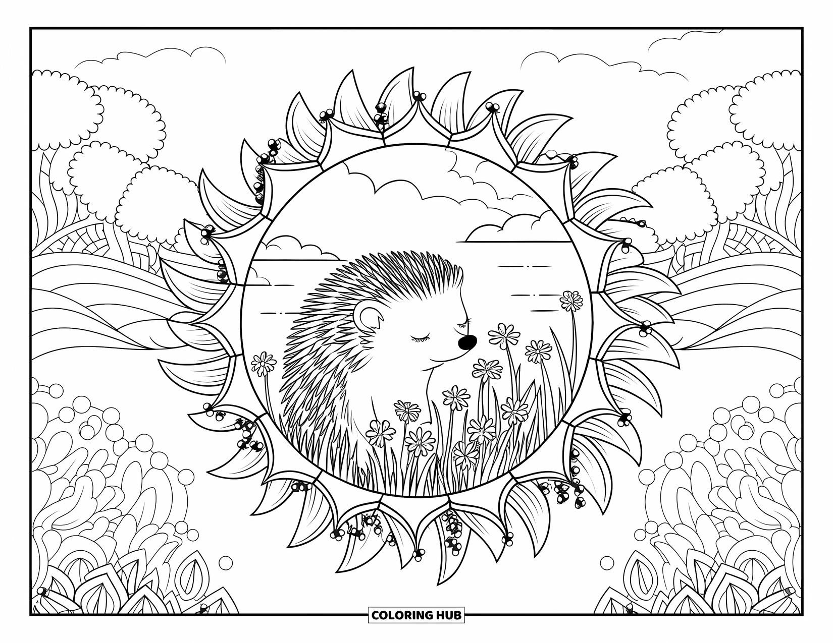 Hedgehog Coloring Page for Adults: A hedgehog curls up among flowers in a mandala-like frame with rolling hills behind