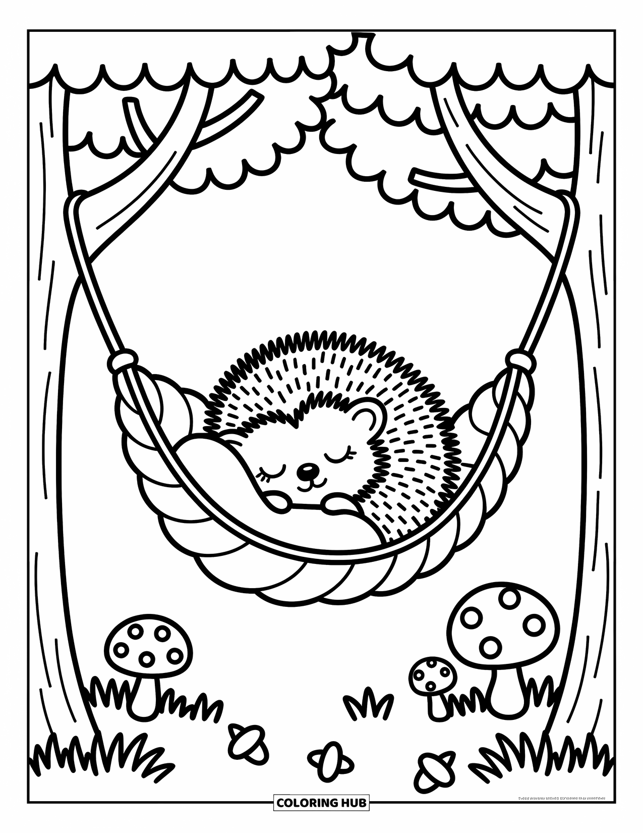 Hedgehog Coloring Page for Adults: A hedgehog curls up in a leaf hammock surrounded by mushrooms and acorns