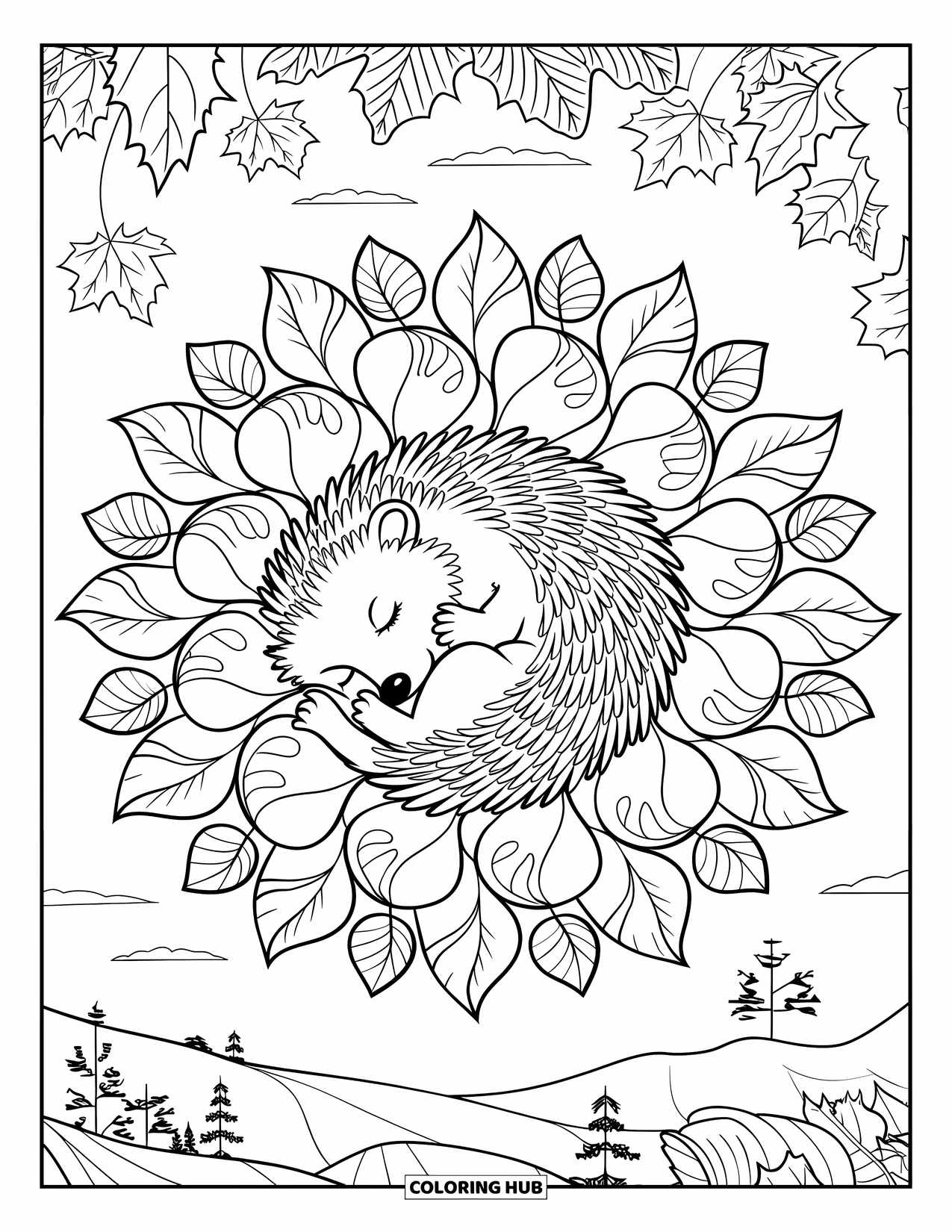 Hedgehog Coloring Page for Adults: A hedgehog curls up on leaves at the center of a swirling autumn mandala