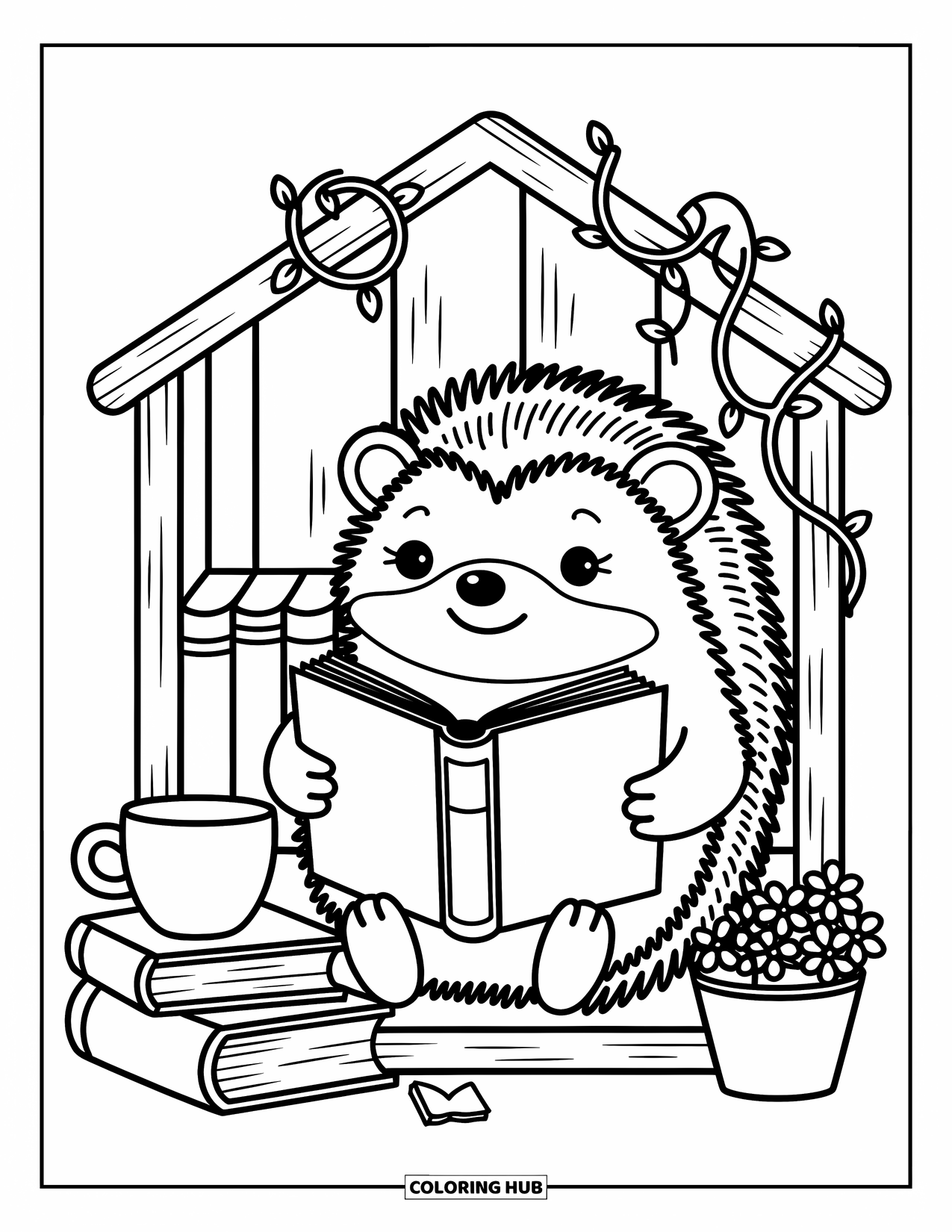 Hedgehog Coloring Page for Adults: A hedgehog curls up with a book in a vine-covered wooden reading corner