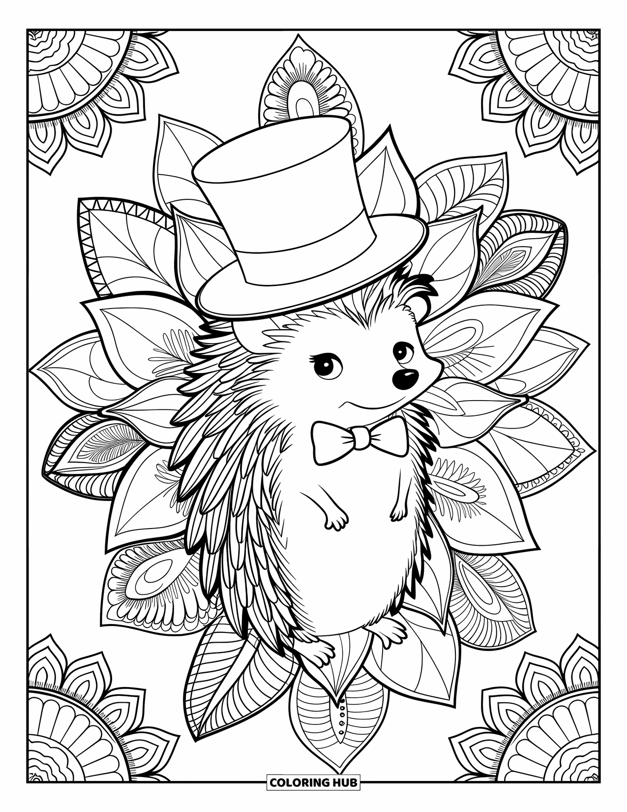 Hedgehog Coloring Page for Adults: A hedgehog in a bowtie and top hat is surrounded by intricate floral mandalas