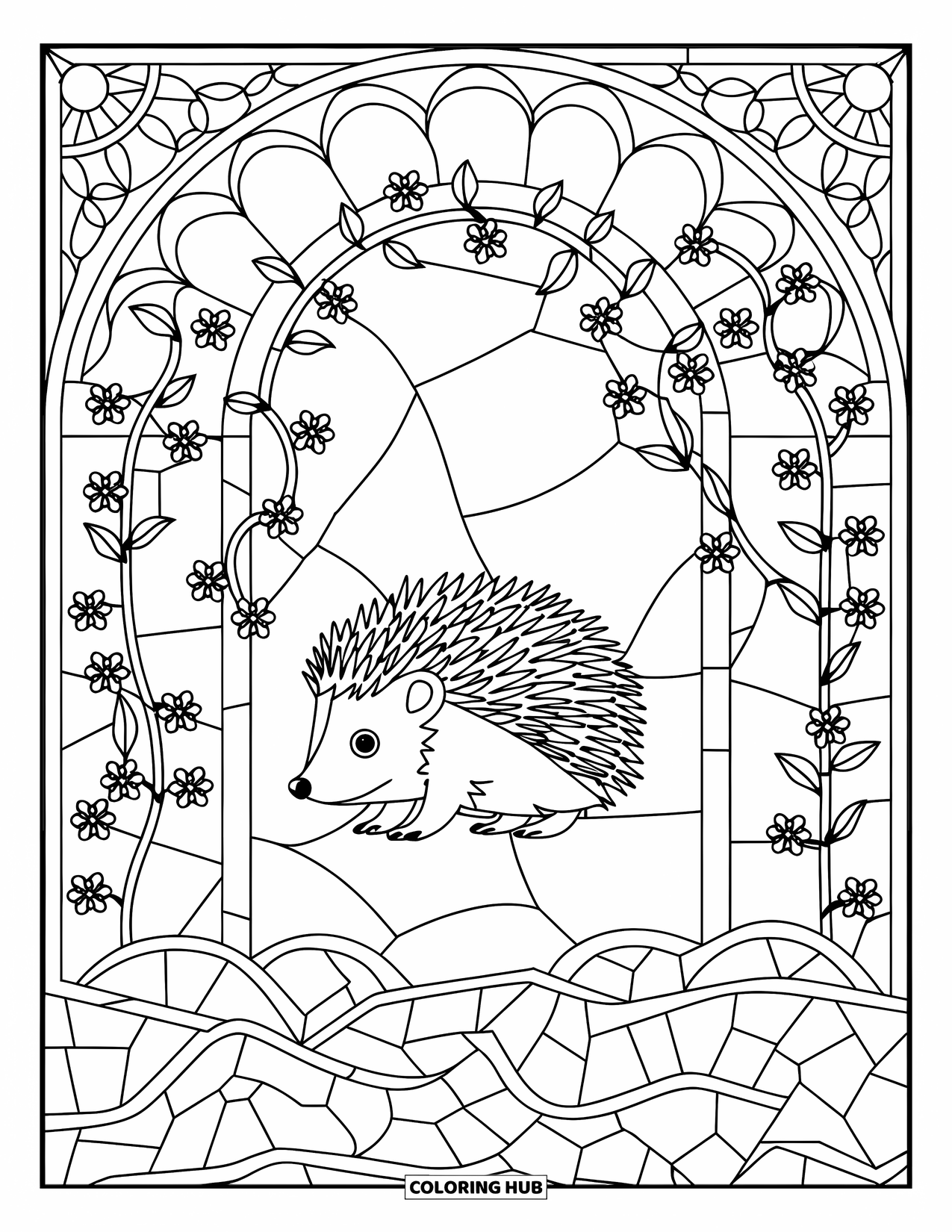 Hedgehog Coloring Page for Adults: A hedgehog is framed by vine arches and flowers in a stained glass-style design