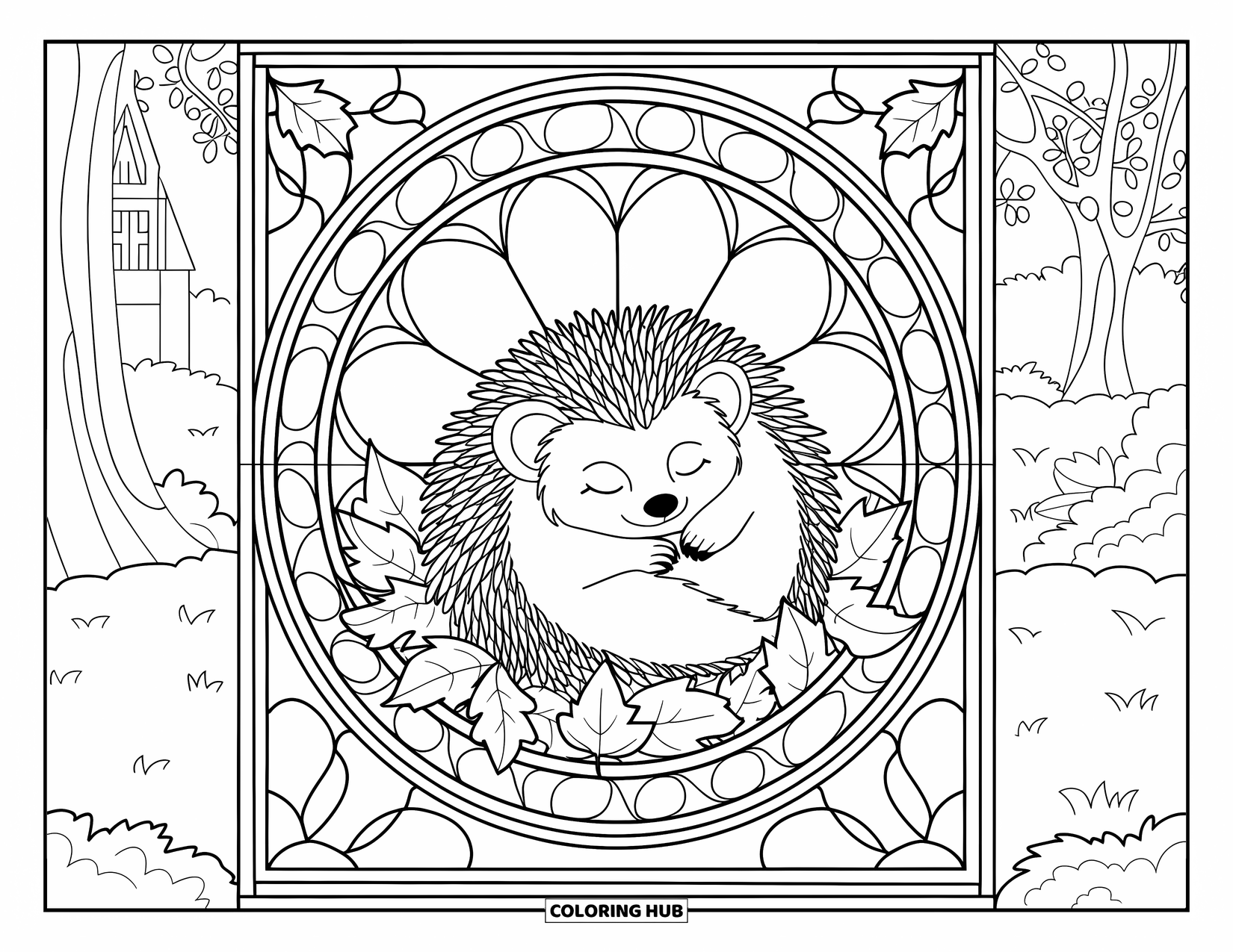 Hedgehog Coloring Page for Adults: A hedgehog naps in autumn leaves, framed by a stained glass border with trees behind