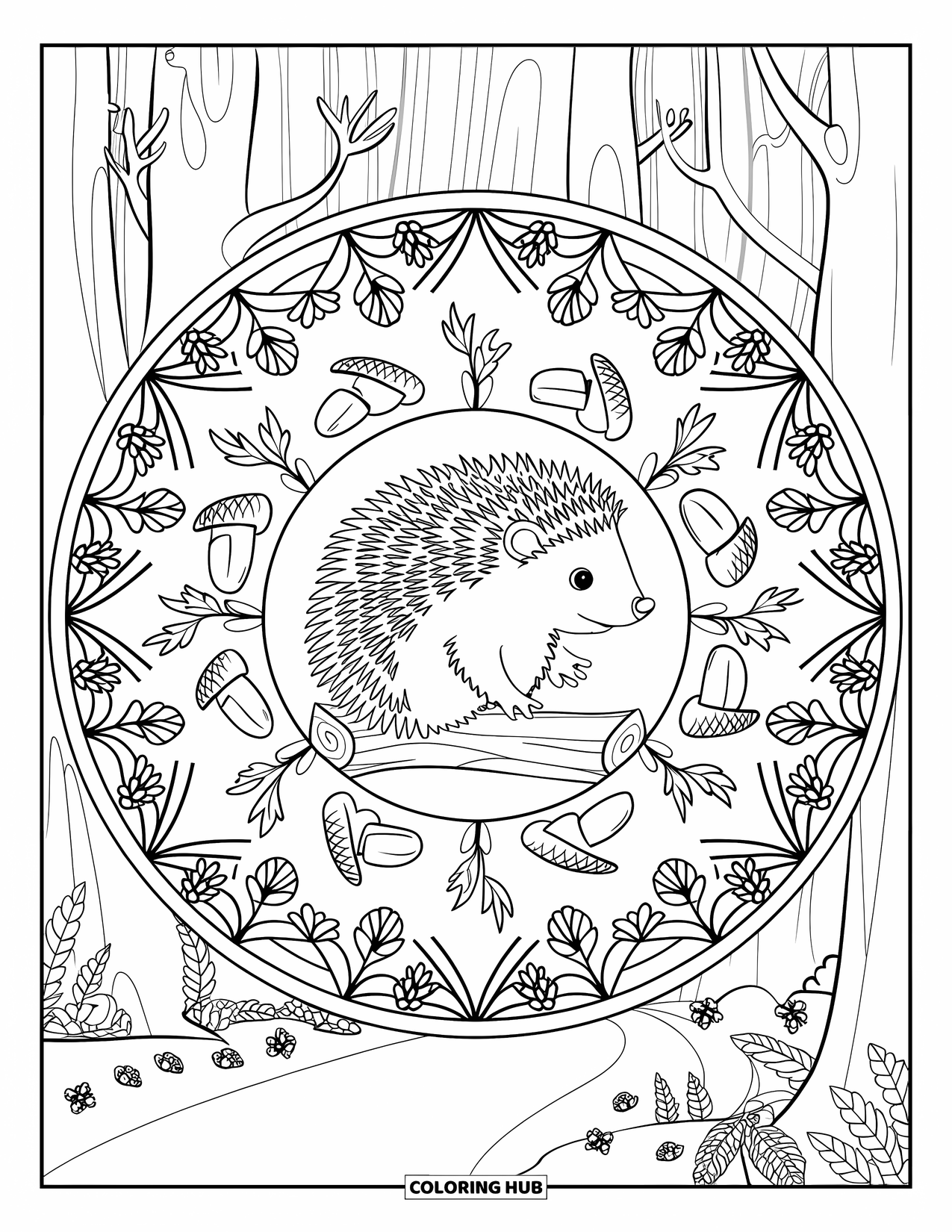 Hedgehog Coloring Page for Adults: A hedgehog on a log sits in a circular design of forest elements and tall trees