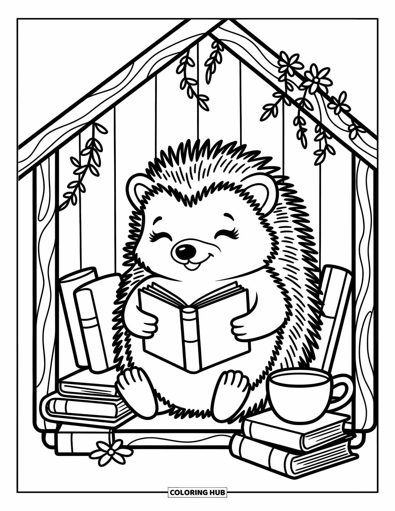 Hedgehog Coloring Page for Adults: A hedgehog reads peacefully in a cozy nook with books, vines, and a flowerpot