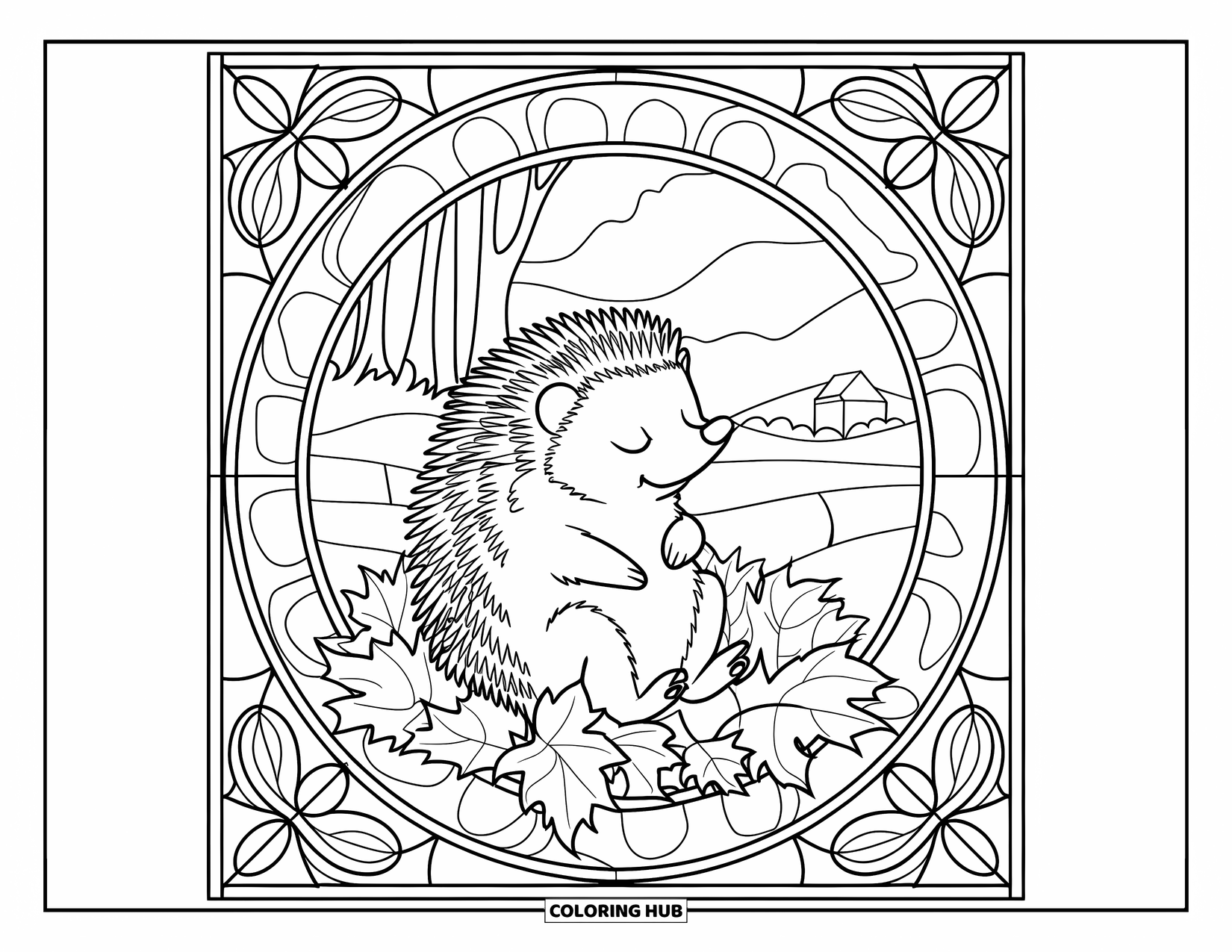 Hedgehog Coloring Page for Adults: A hedgehog rests in autumn leaves within a floral stained glass frame and distant trees