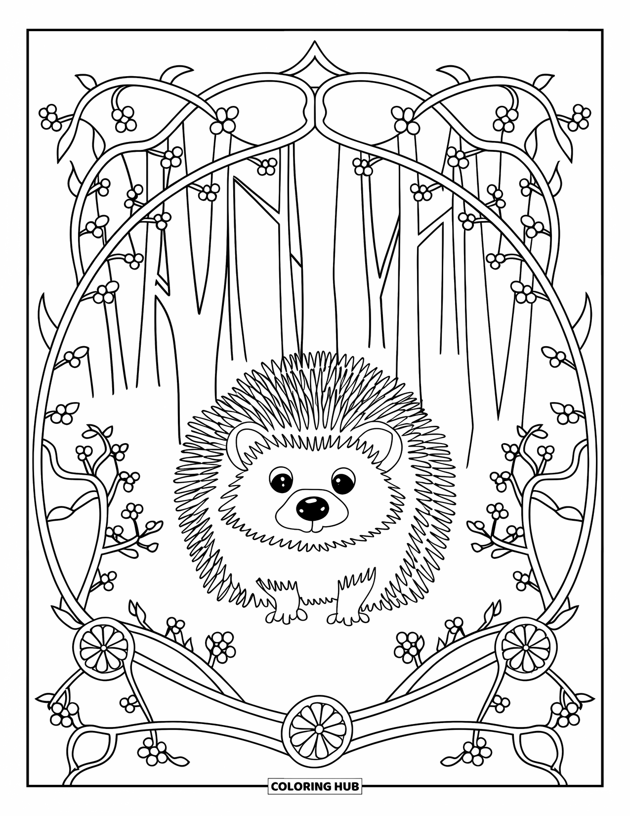 Hedgehog Coloring Page for Adults: A hedgehog rests in stained glass vines with tall forest trees behind