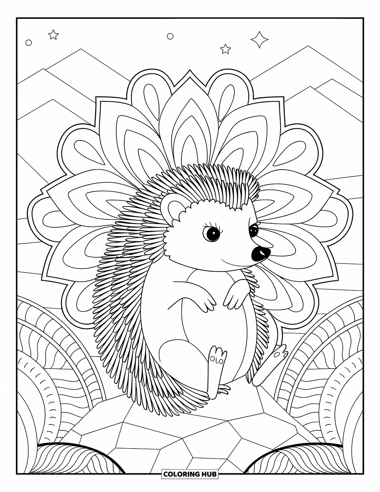 Hedgehog Coloring Page for Adults: A hedgehog rests on a rock framed by mandala-style flowers and starry skies