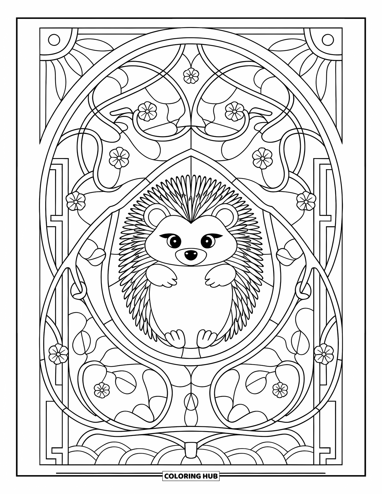 Hedgehog Coloring Page for Adults: A hedgehog sits in the center of floral stained glass with an intricate white backdrop