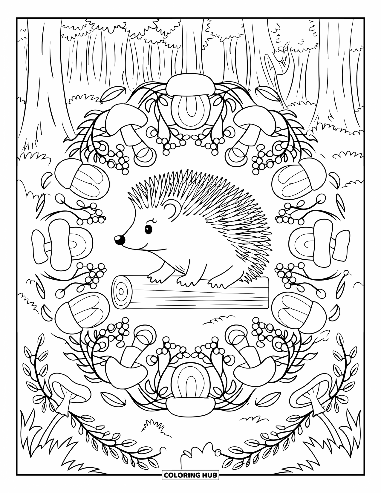 Hedgehog Coloring Page for Adults: A hedgehog sits on a log surrounded by mushroom, vine, and berry patterns