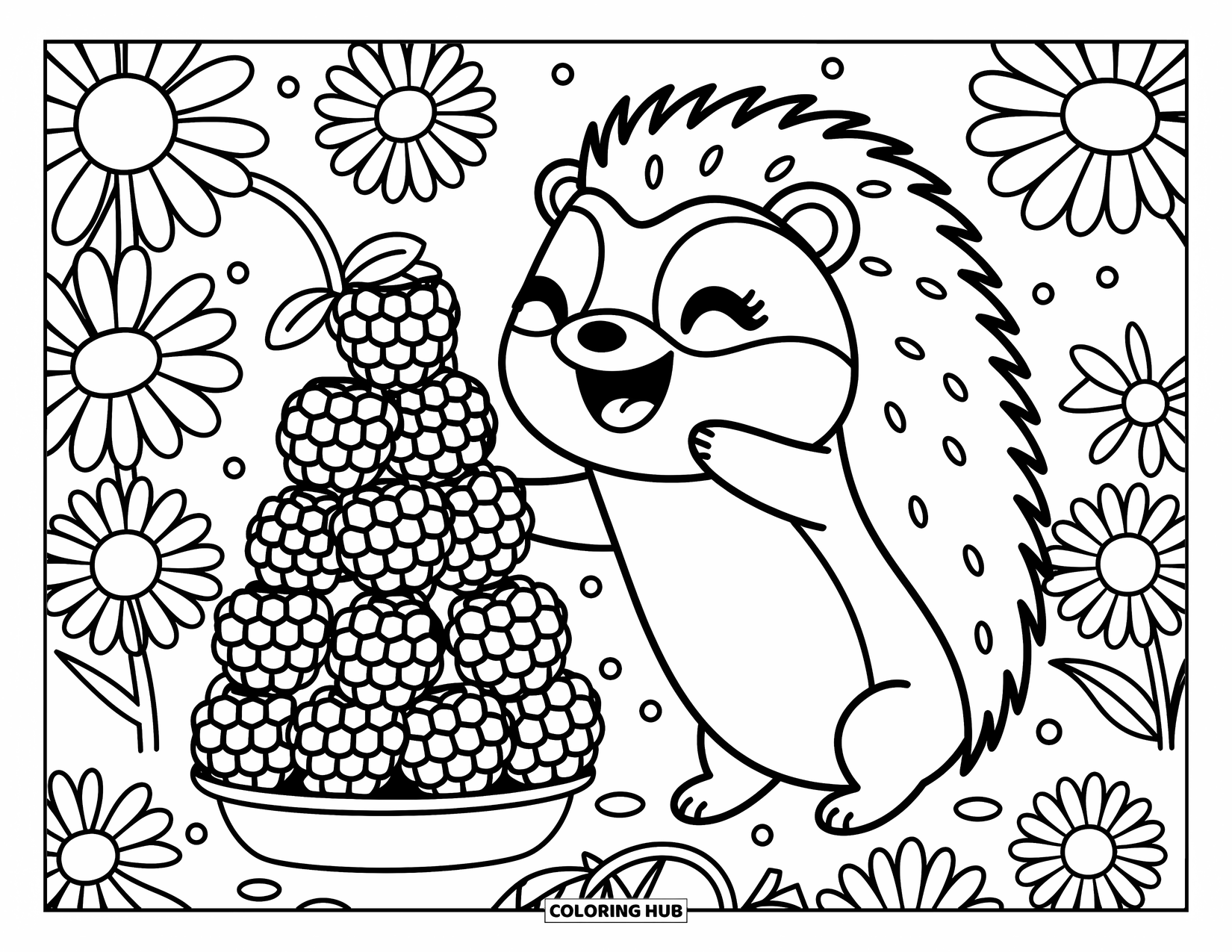 Hedgehog Coloring Page for Adults: A joyful hedgehog builds a wobbly berry tower in a daisy-filled meadow