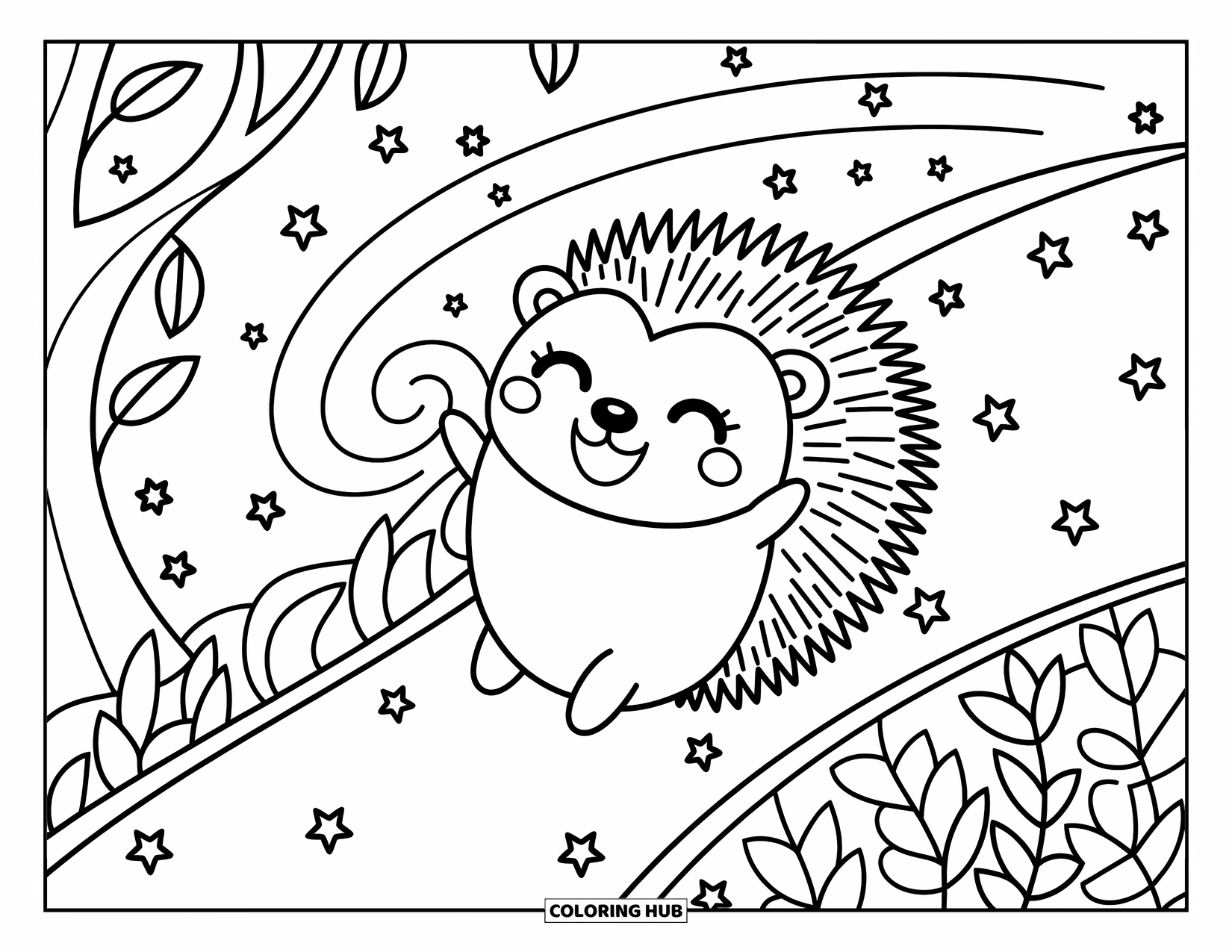 Hedgehog Coloring Page for Adults: A joyful hedgehog zooms down a leaf-covered hill with twinkling stars in the air