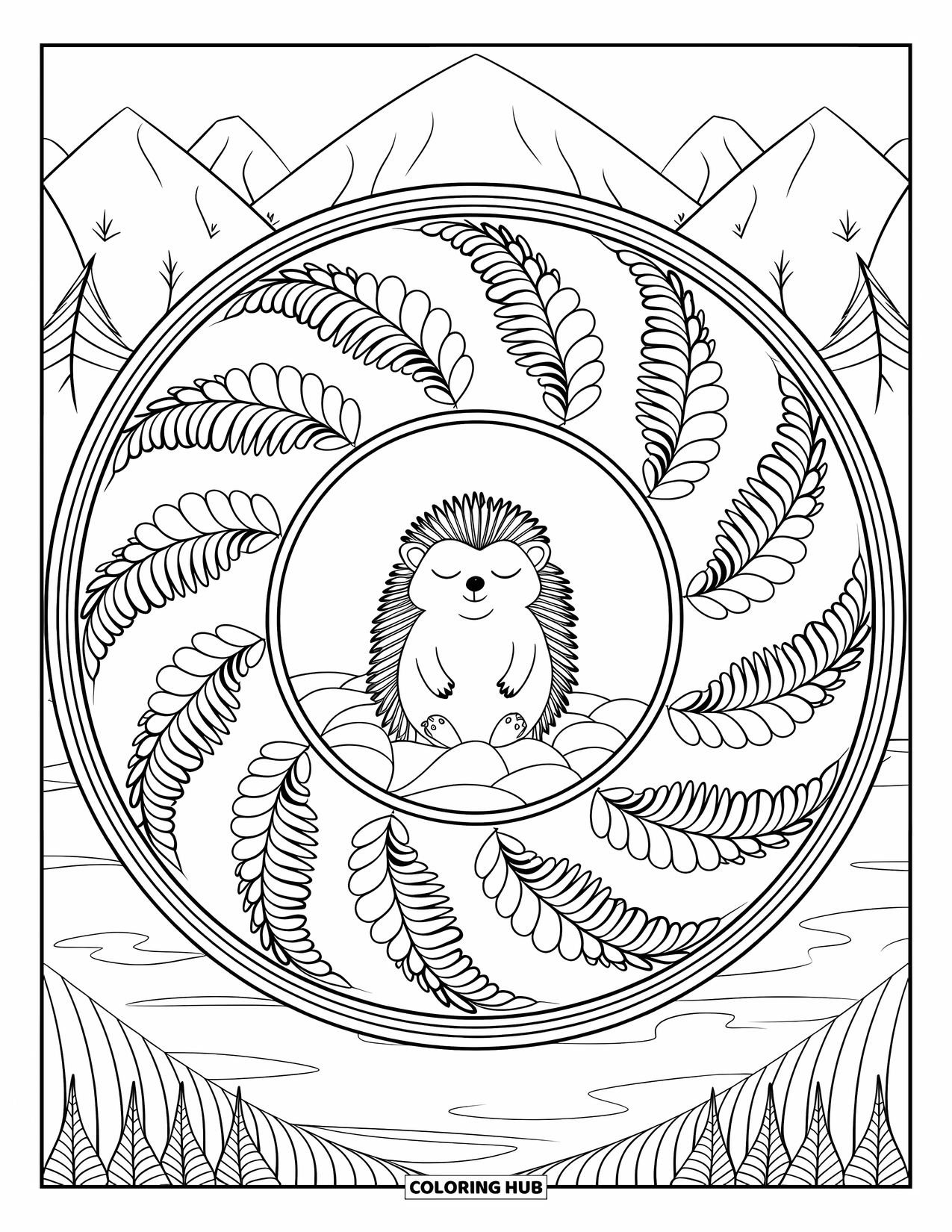 Hedgehog Coloring Page for Adults: A peaceful hedgehog rests on a rock in the middle of fern spiral patterns