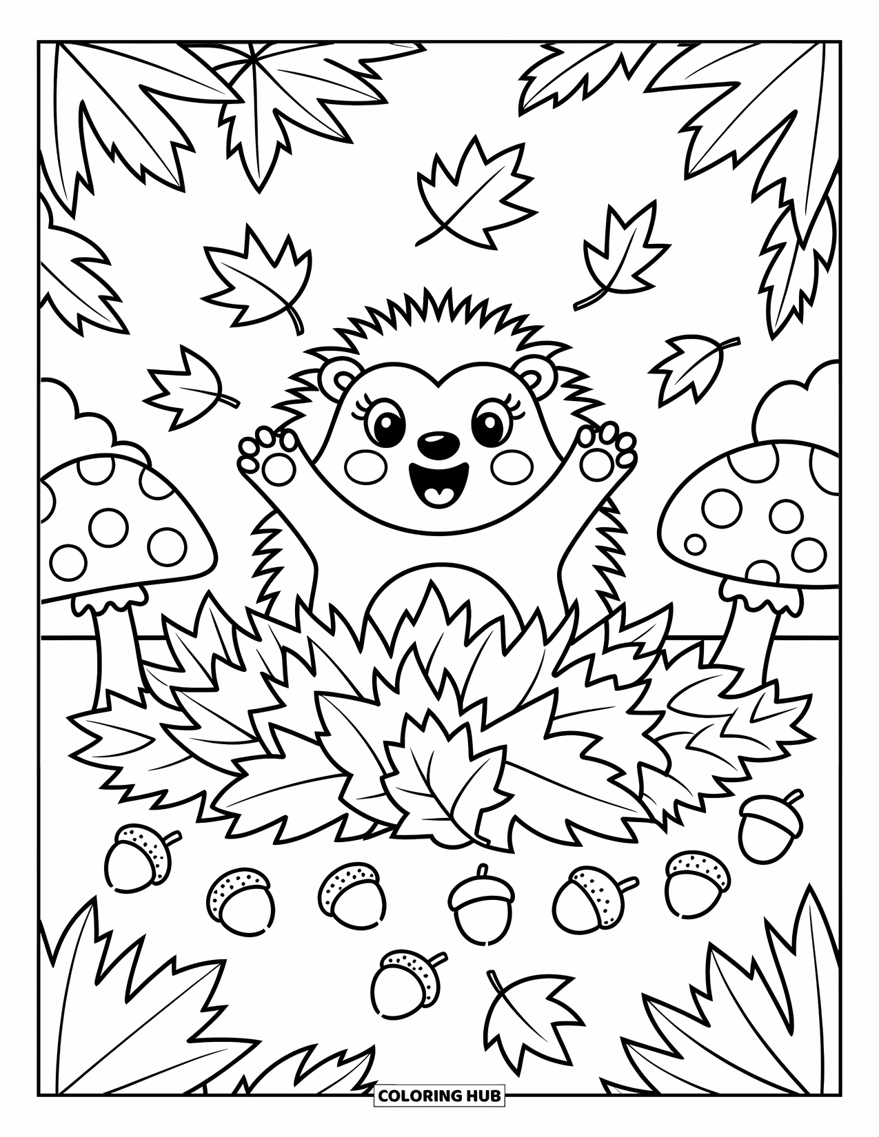 Hedgehog Coloring Page for Adults: A playful hedgehog bursts from autumn leaves in a cozy forest setting
