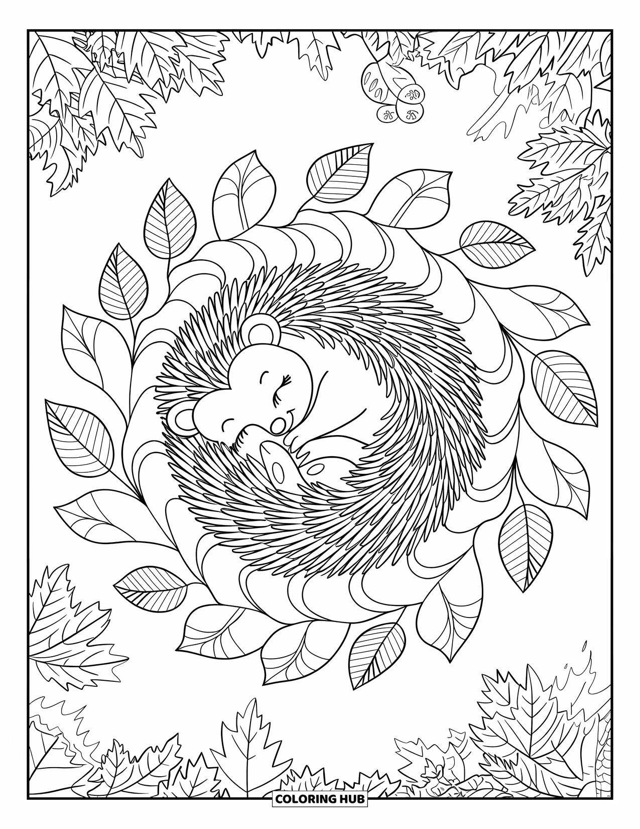 Hedgehog Coloring Page for Adults: A sleeping hedgehog curls up in a swirling mandala made of autumn leaves