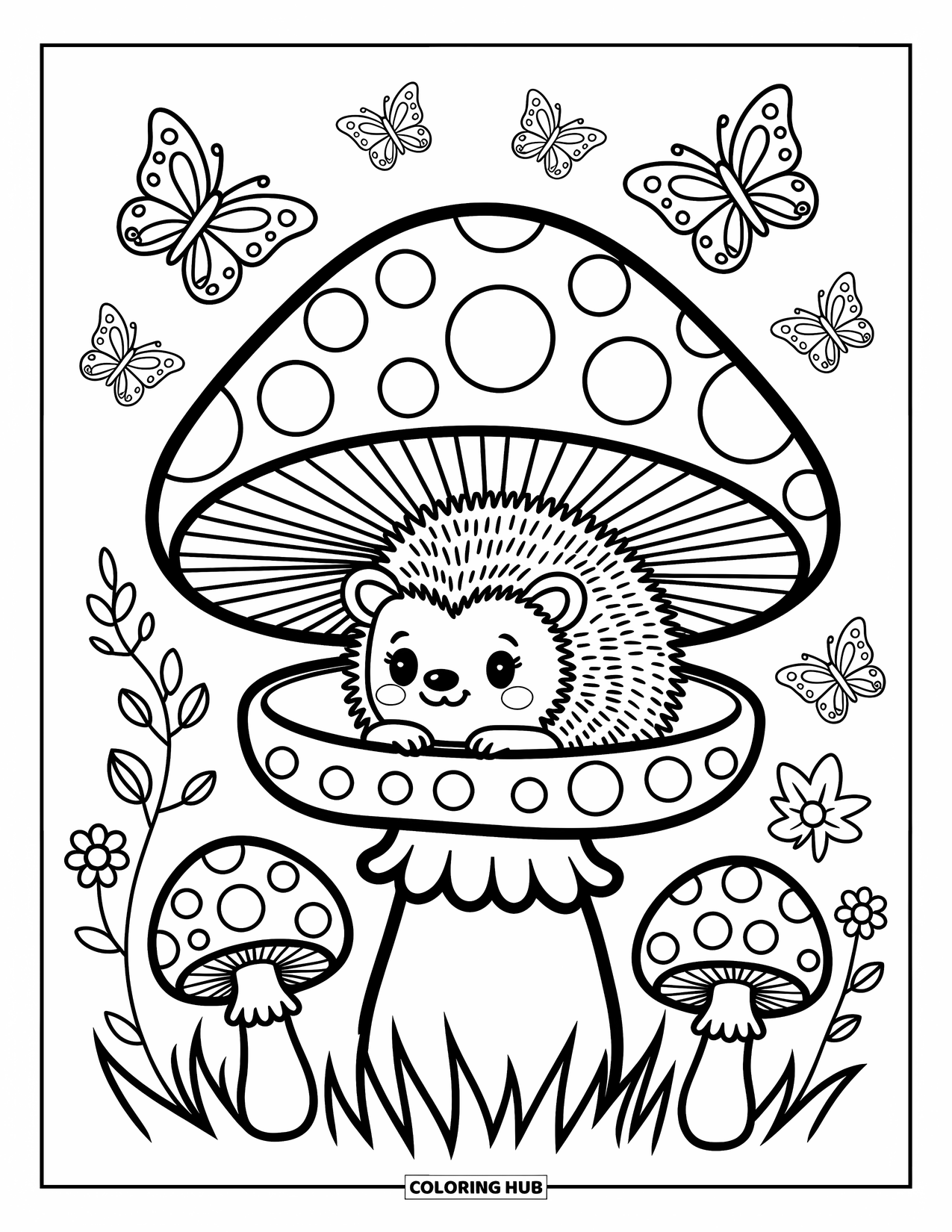 Hedgehog Coloring Page for Adults: A sleepy hedgehog nestles in a forest mushroom under butterflies and falling leaves