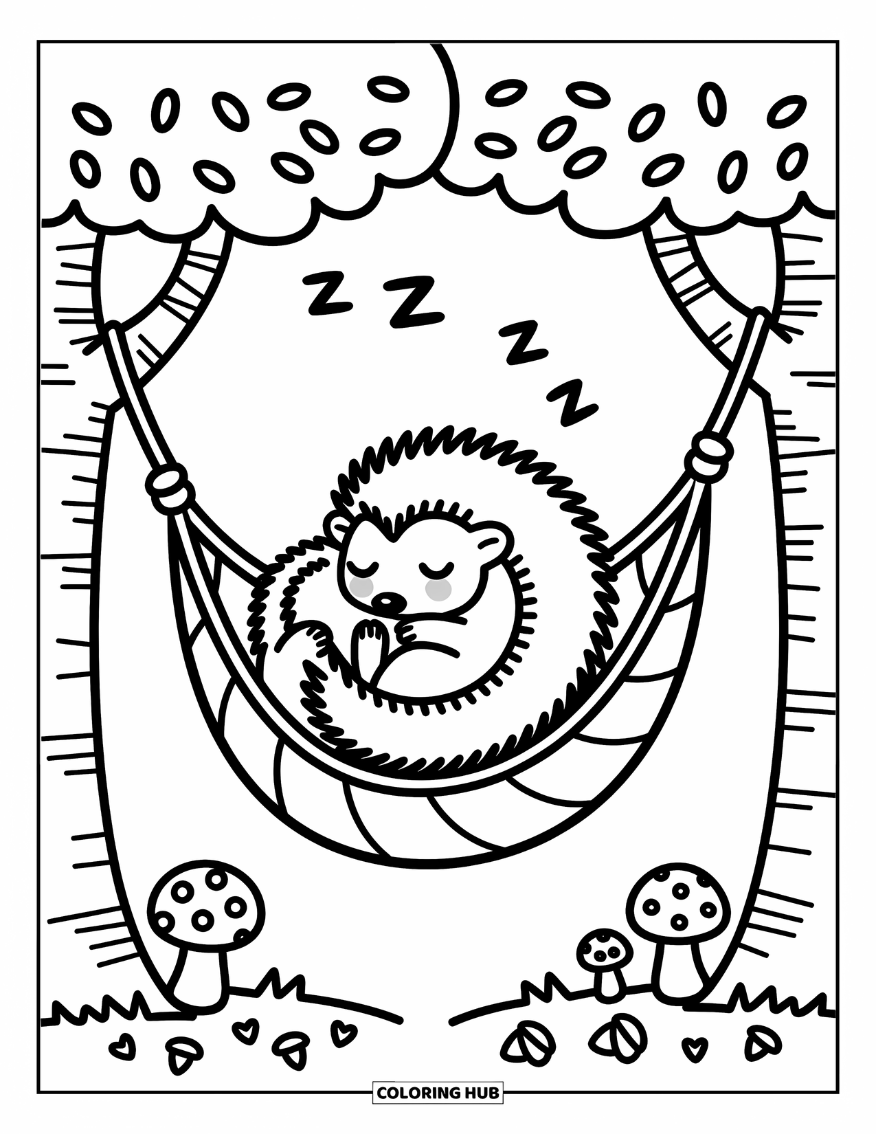 Hedgehog Coloring Page for Adults: A sleepy hedgehog rests in a leaf-shaped hammock with cozy forest details