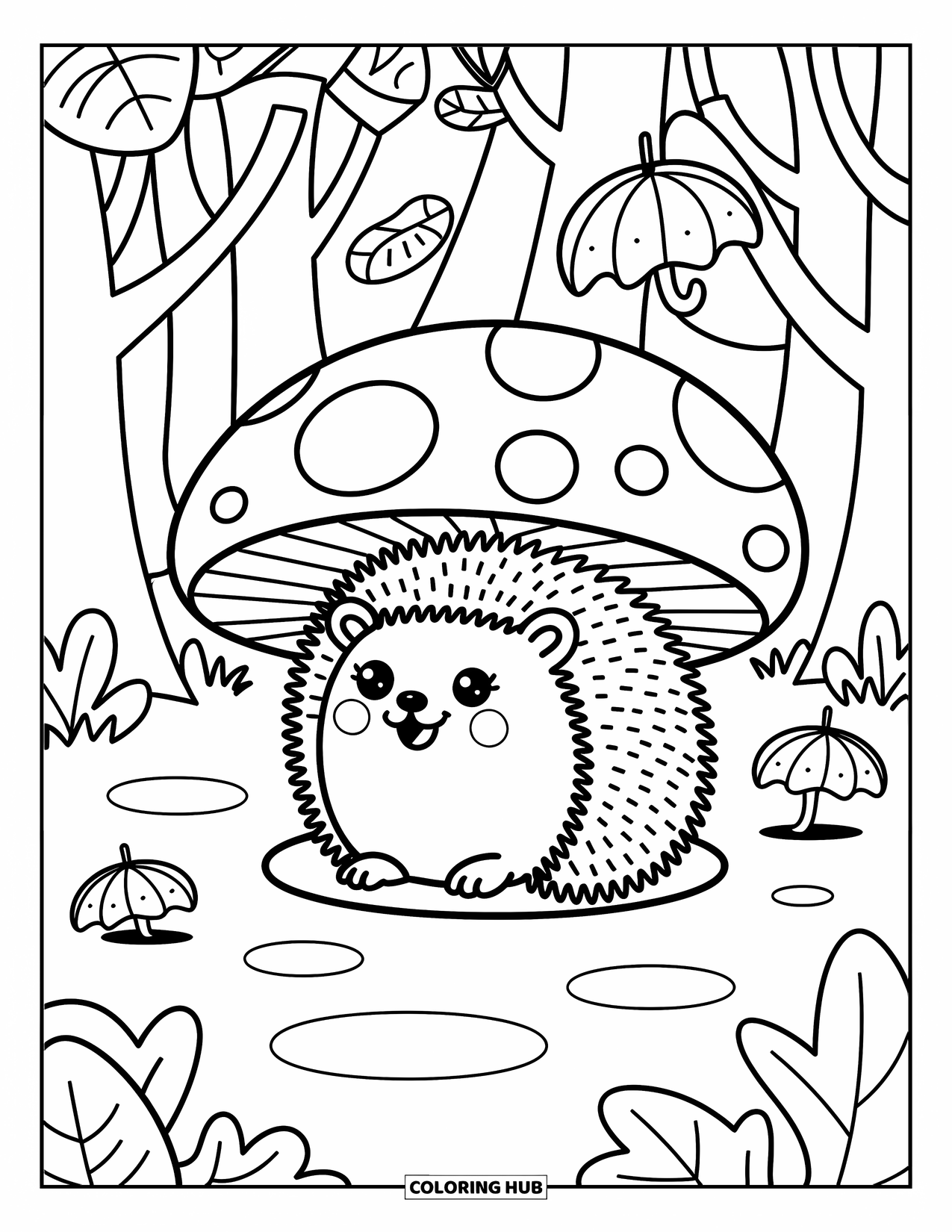 Hedgehog Coloring Page for Adults: A smiling hedgehog stays dry under a toadstool surrounded by leaf umbrellas
